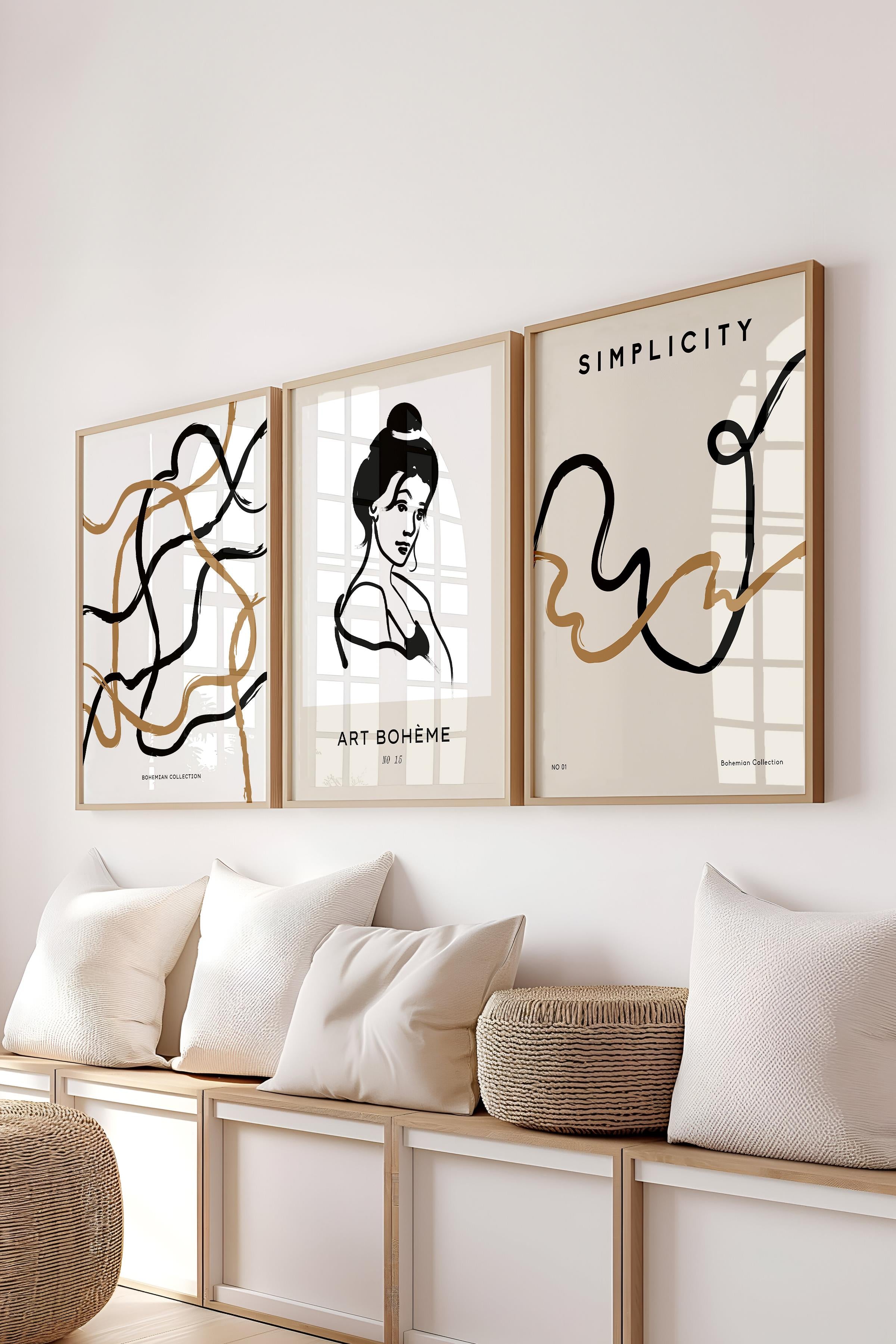Çerçeveli Tablo Seti, 3 Adet Ahşap Çerçeve ve Minimalist Çizim Temalı Poster Seti, No:300610