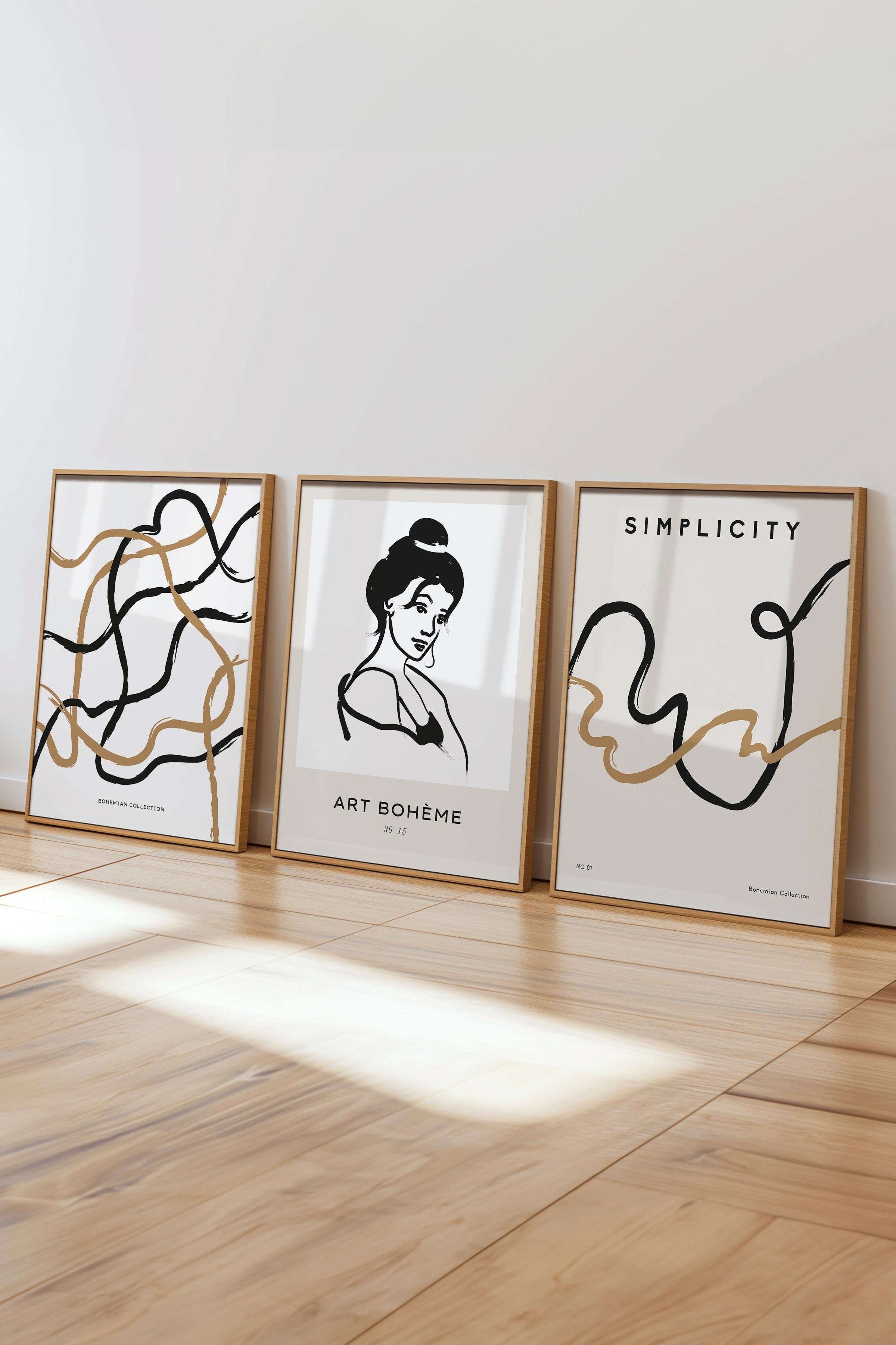 Çerçeveli Tablo Seti, 3 Adet Ahşap Çerçeve ve Minimalist Çizim Temalı Poster Seti, No:300610