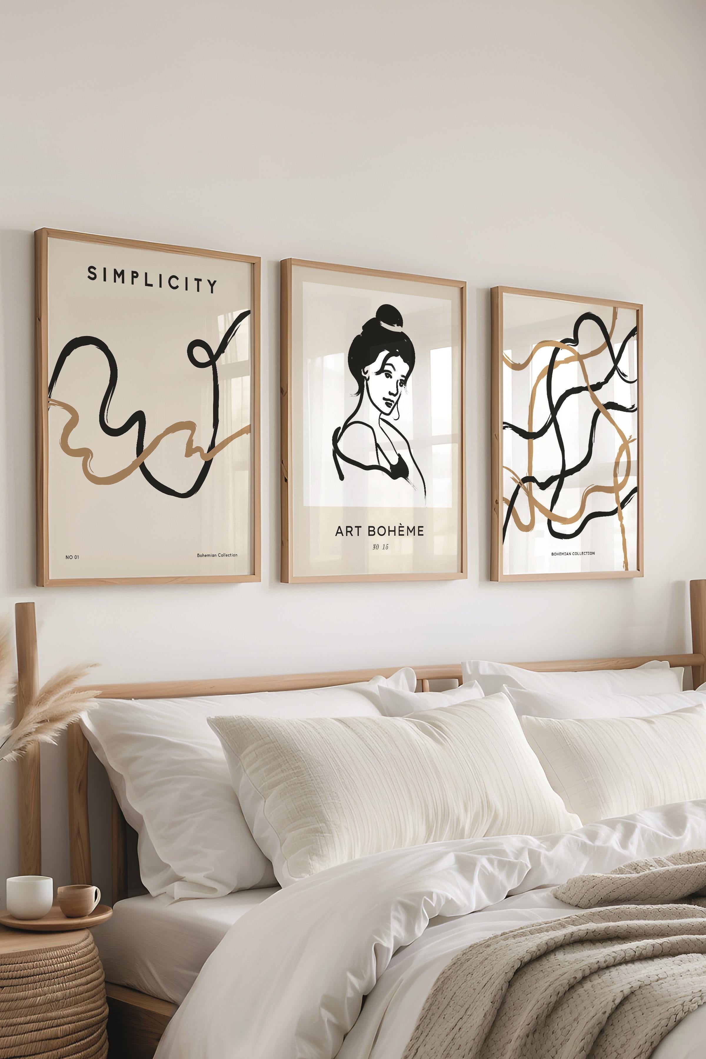 Çerçeveli Tablo Seti, 3 Adet Ahşap Çerçeve ve Minimalist Çizim Temalı Poster Seti, No:300610