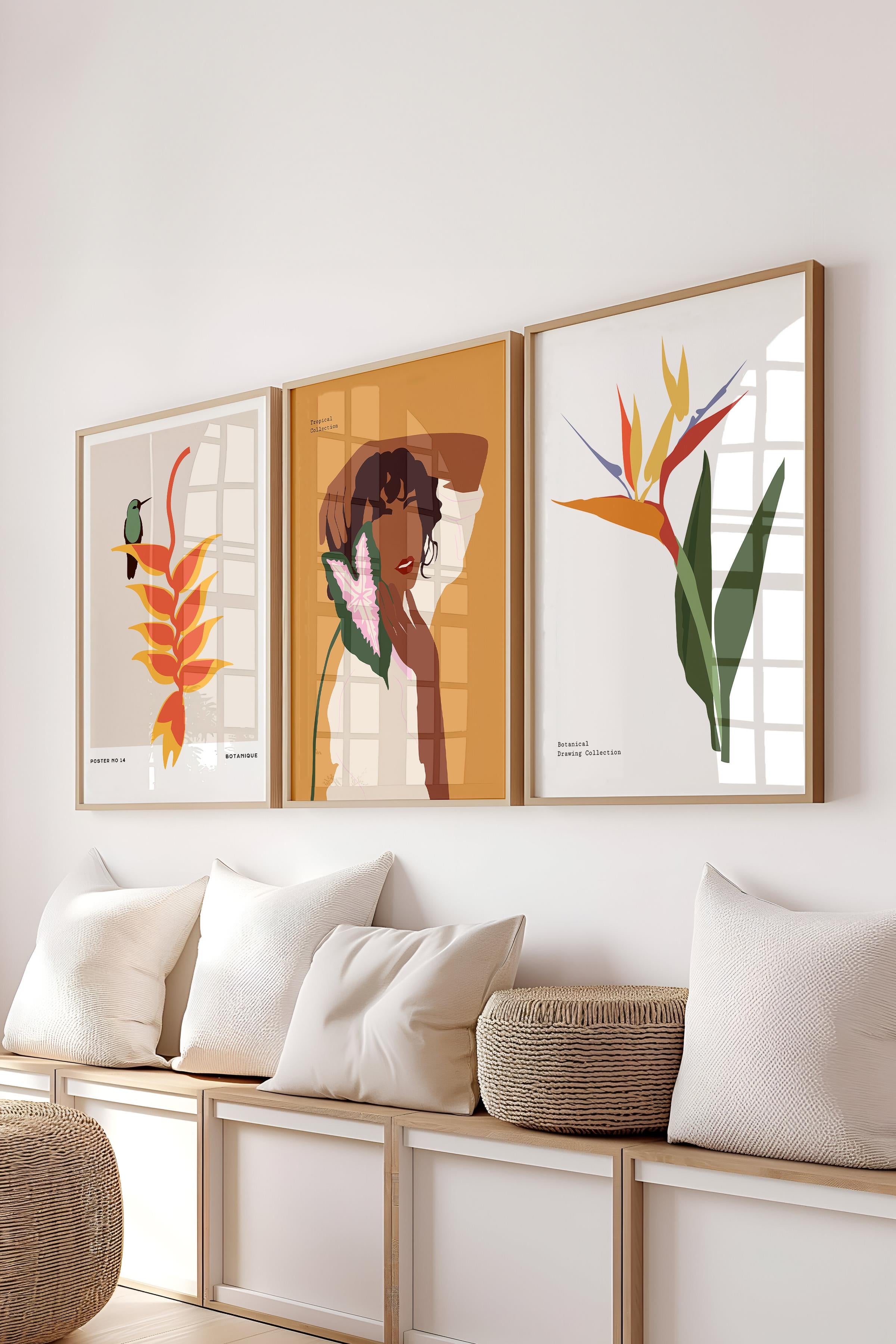 Çerçeveli Tablo Seti, 3 Adet Ahşap Çerçeve ve Minimalist Çizim Temalı Poster Seti, No:300611