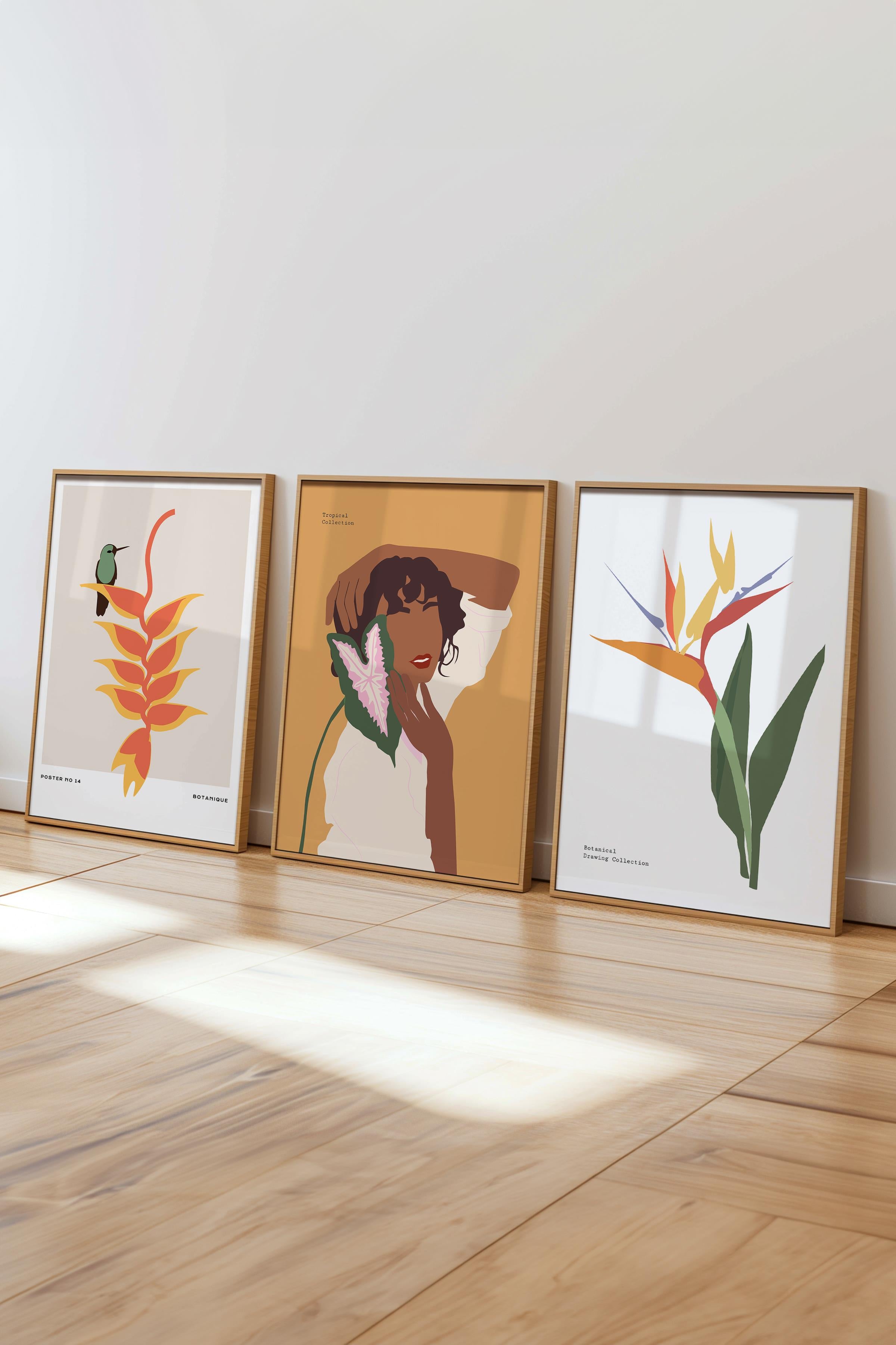 Çerçeveli Tablo Seti, 3 Adet Ahşap Çerçeve ve Minimalist Çizim Temalı Poster Seti, No:300611