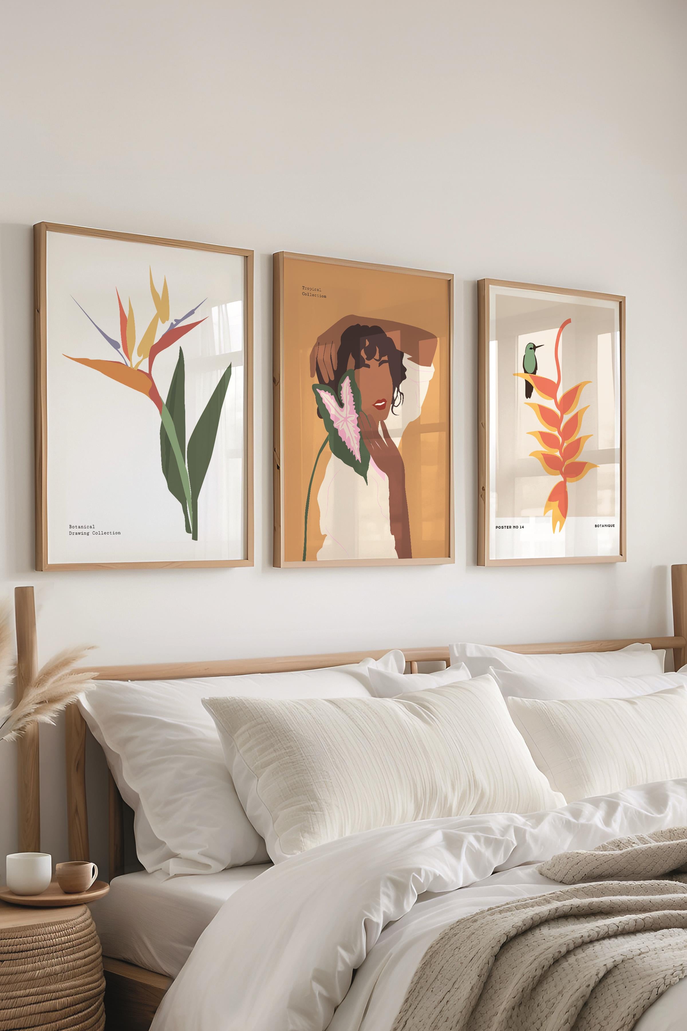 Çerçeveli Tablo Seti, 3 Adet Ahşap Çerçeve ve Minimalist Çizim Temalı Poster Seti, No:300611