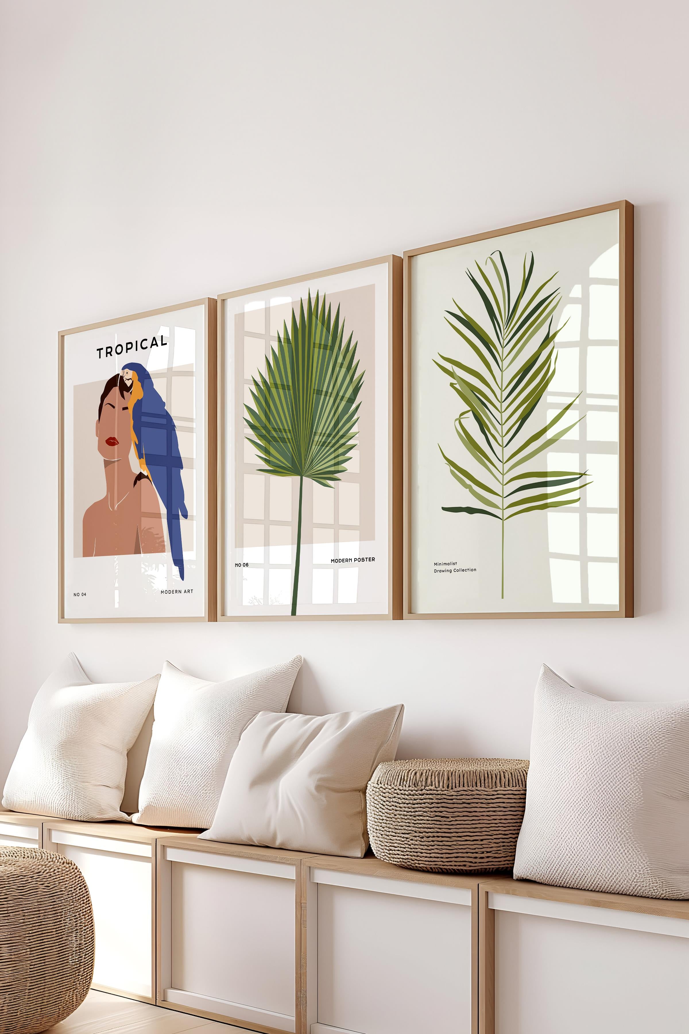 Çerçeveli Tablo Seti, 3 Adet Ahşap Çerçeve ve Minimalist Çizim Temalı Poster Seti, No:300612