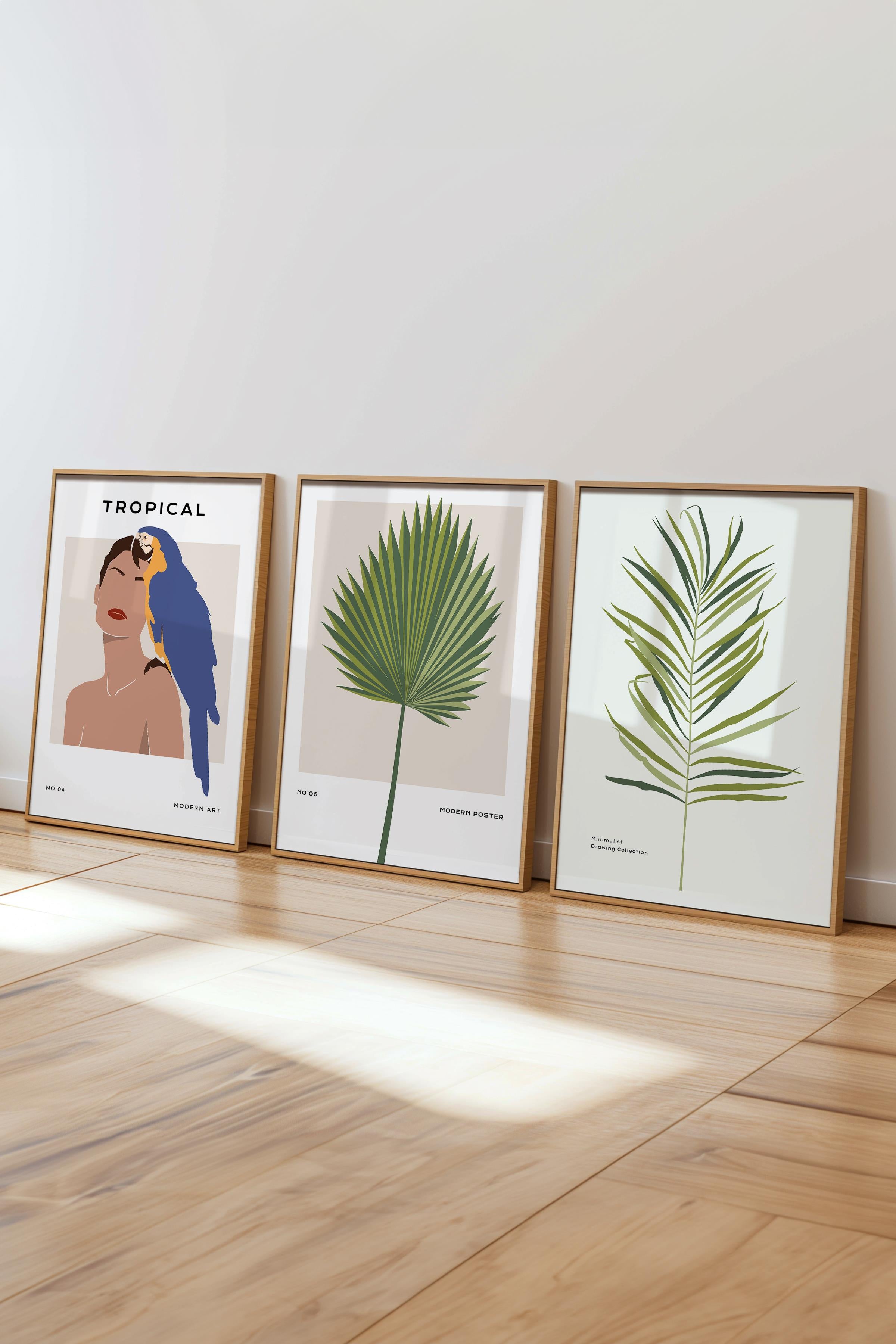 Çerçeveli Tablo Seti, 3 Adet Ahşap Çerçeve ve Minimalist Çizim Temalı Poster Seti, No:300612