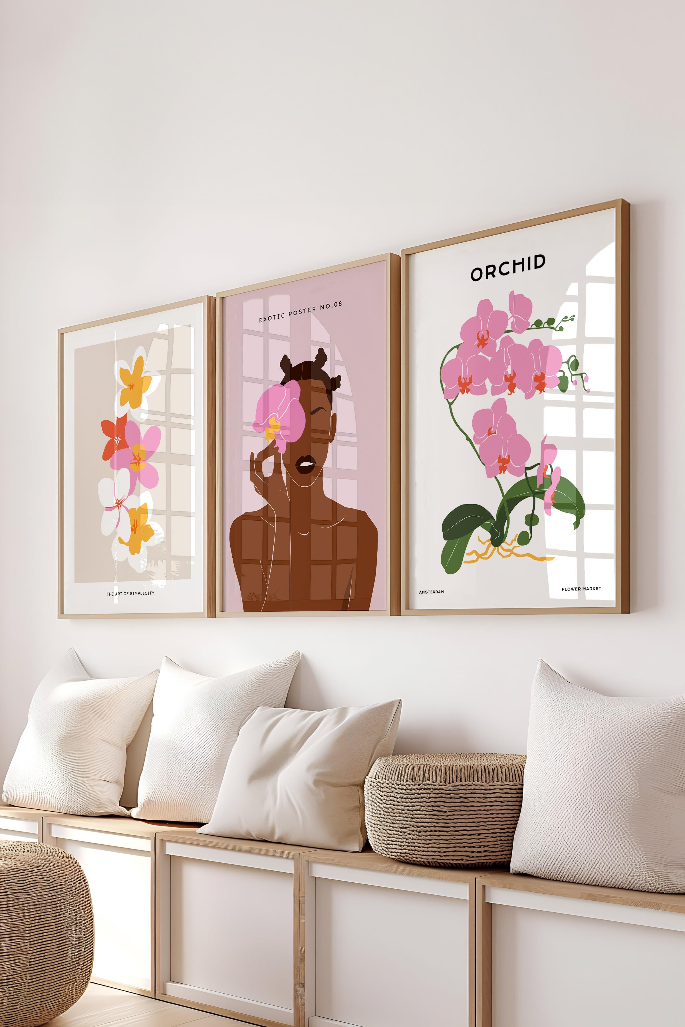 Çerçeveli Tablo Seti, 3 Adet Ahşap Çerçeve ve Minimalist Çizim Temalı Poster Seti, No:300613