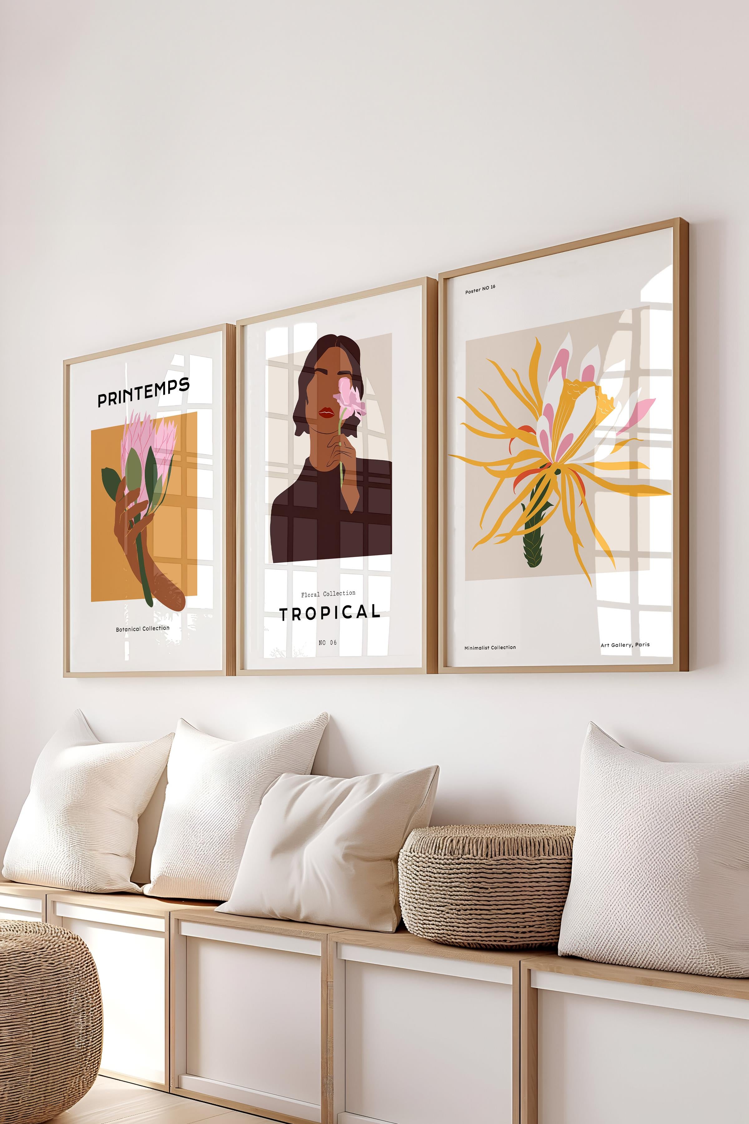Çerçeveli Tablo Seti, 3 Adet Ahşap Çerçeve ve Minimalist Çizim Temalı Poster Seti, No:300614