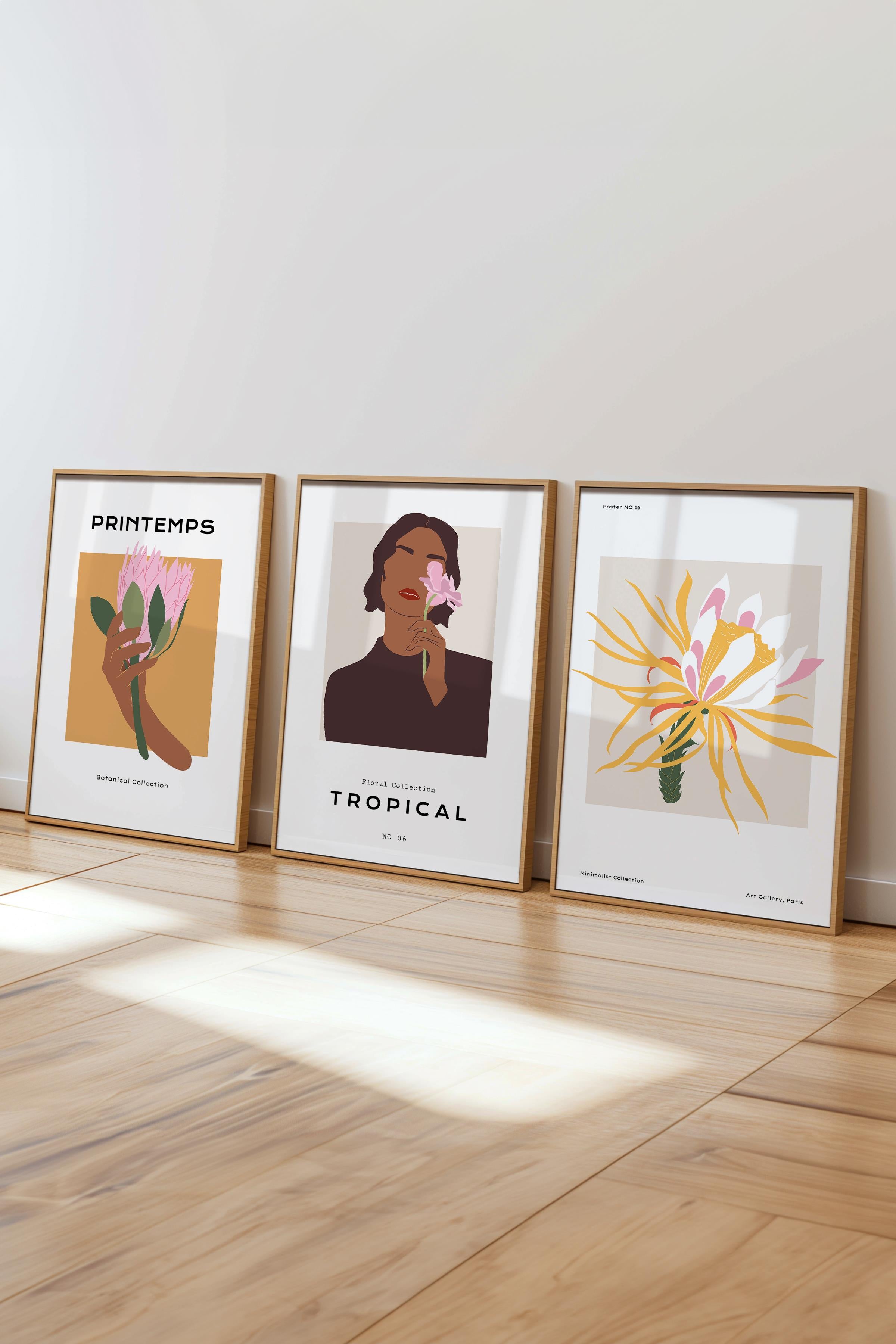 Çerçeveli Tablo Seti, 3 Adet Ahşap Çerçeve ve Minimalist Çizim Temalı Poster Seti, No:300614