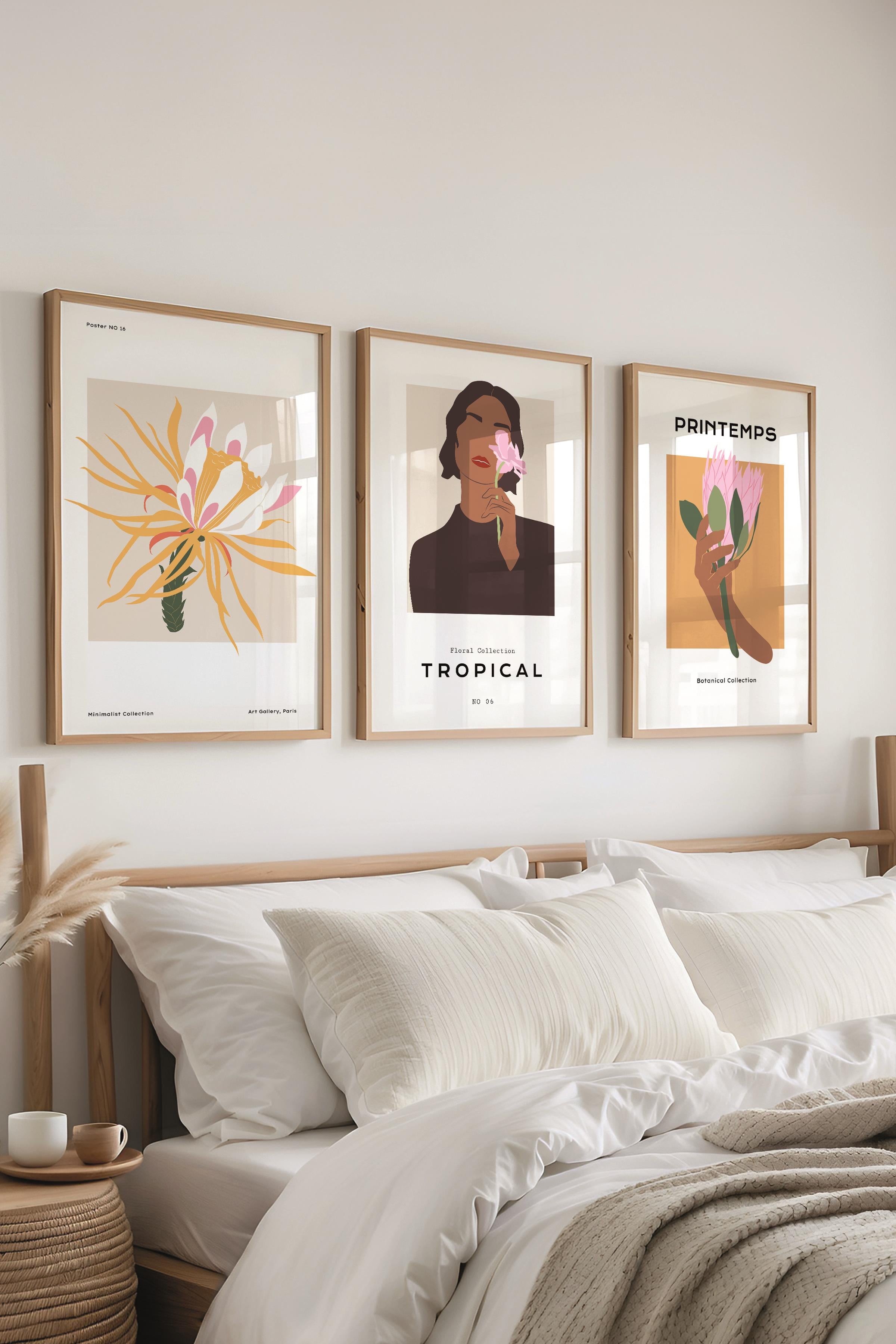 Çerçeveli Tablo Seti, 3 Adet Ahşap Çerçeve ve Minimalist Çizim Temalı Poster Seti, No:300614