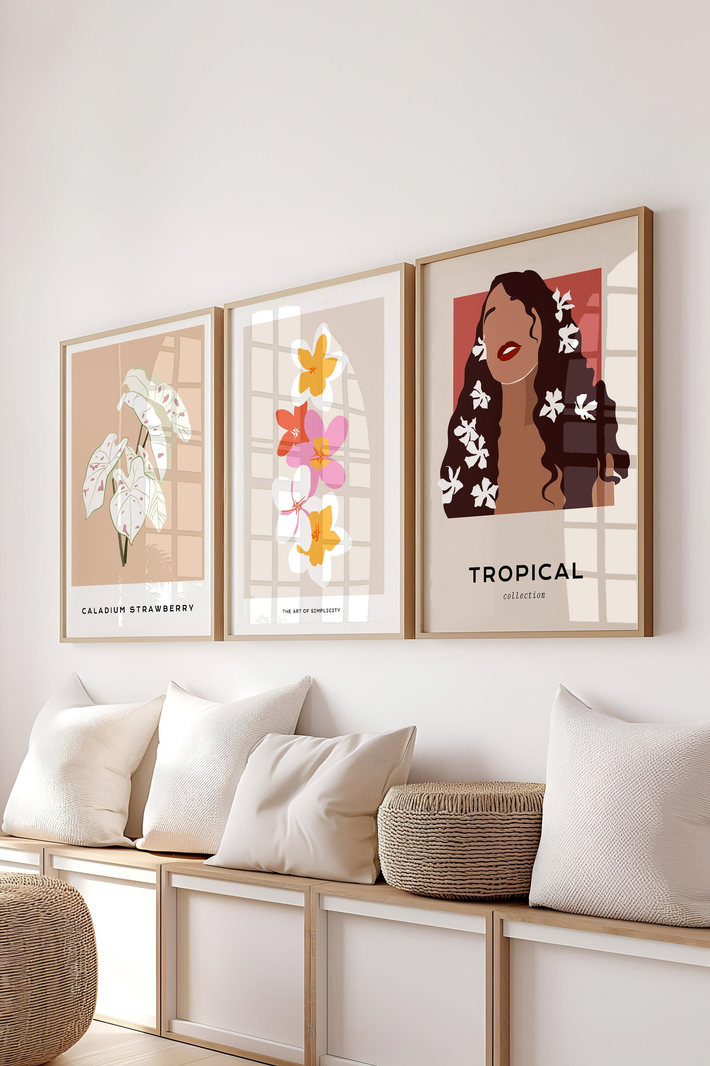 Çerçeveli Tablo Seti, 3 Adet Ahşap Çerçeve ve Minimalist Çizim Temalı Poster Seti, No:300616