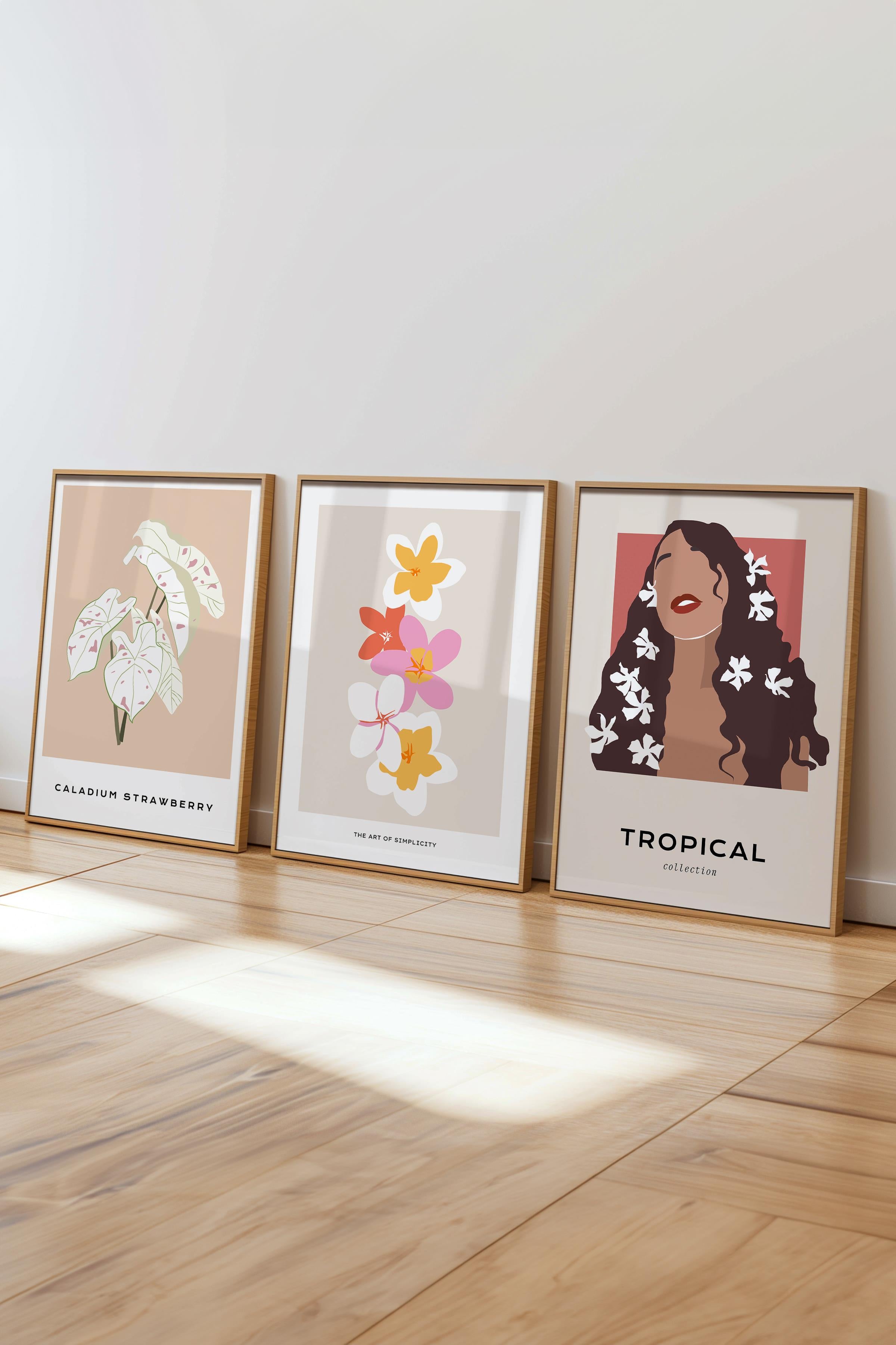Çerçeveli Tablo Seti, 3 Adet Ahşap Çerçeve ve Minimalist Çizim Temalı Poster Seti, No:300616