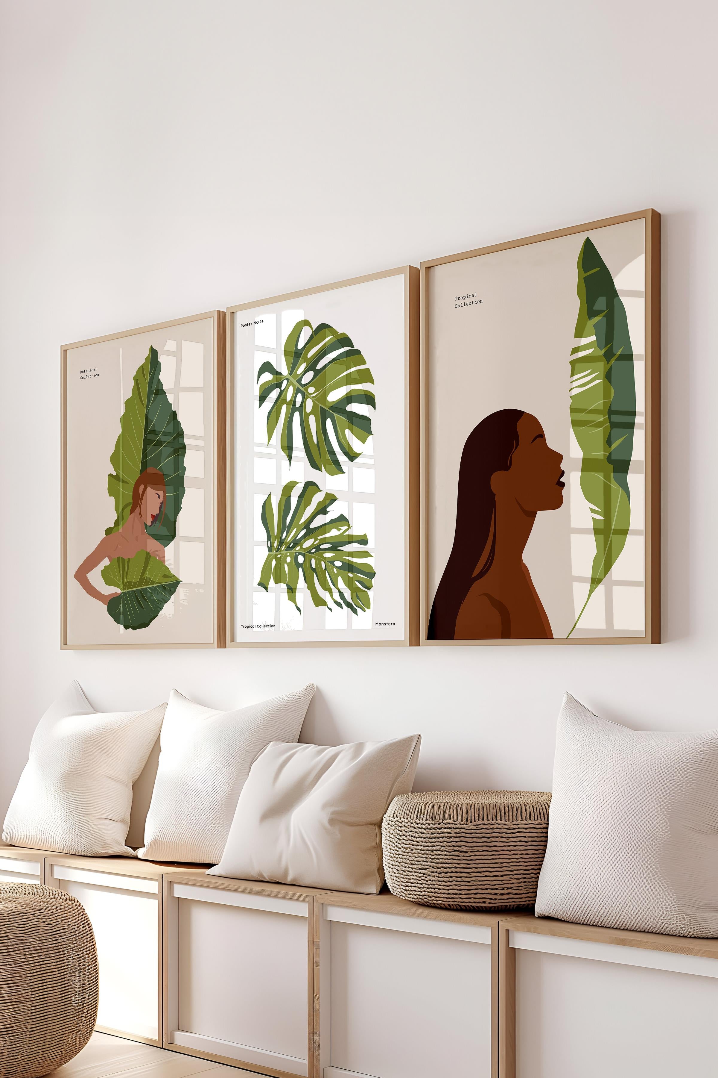 Çerçeveli Tablo Seti, 3 Adet Ahşap Çerçeve ve Minimalist Çizim Temalı Poster Seti, No:300618