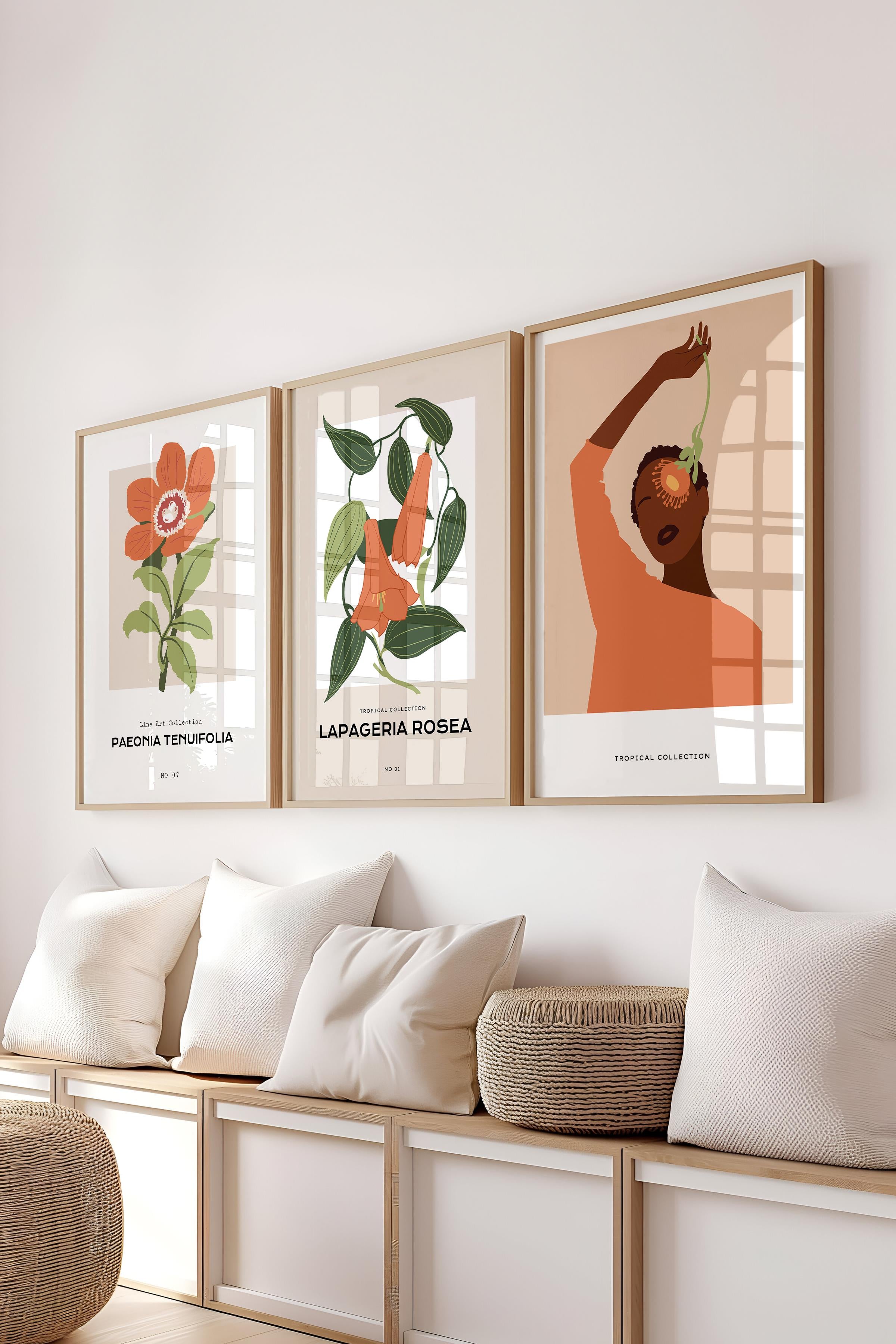 Çerçeveli Tablo Seti, 3 Adet Ahşap Çerçeve ve Minimalist Çizim Temalı Poster Seti, No:300620