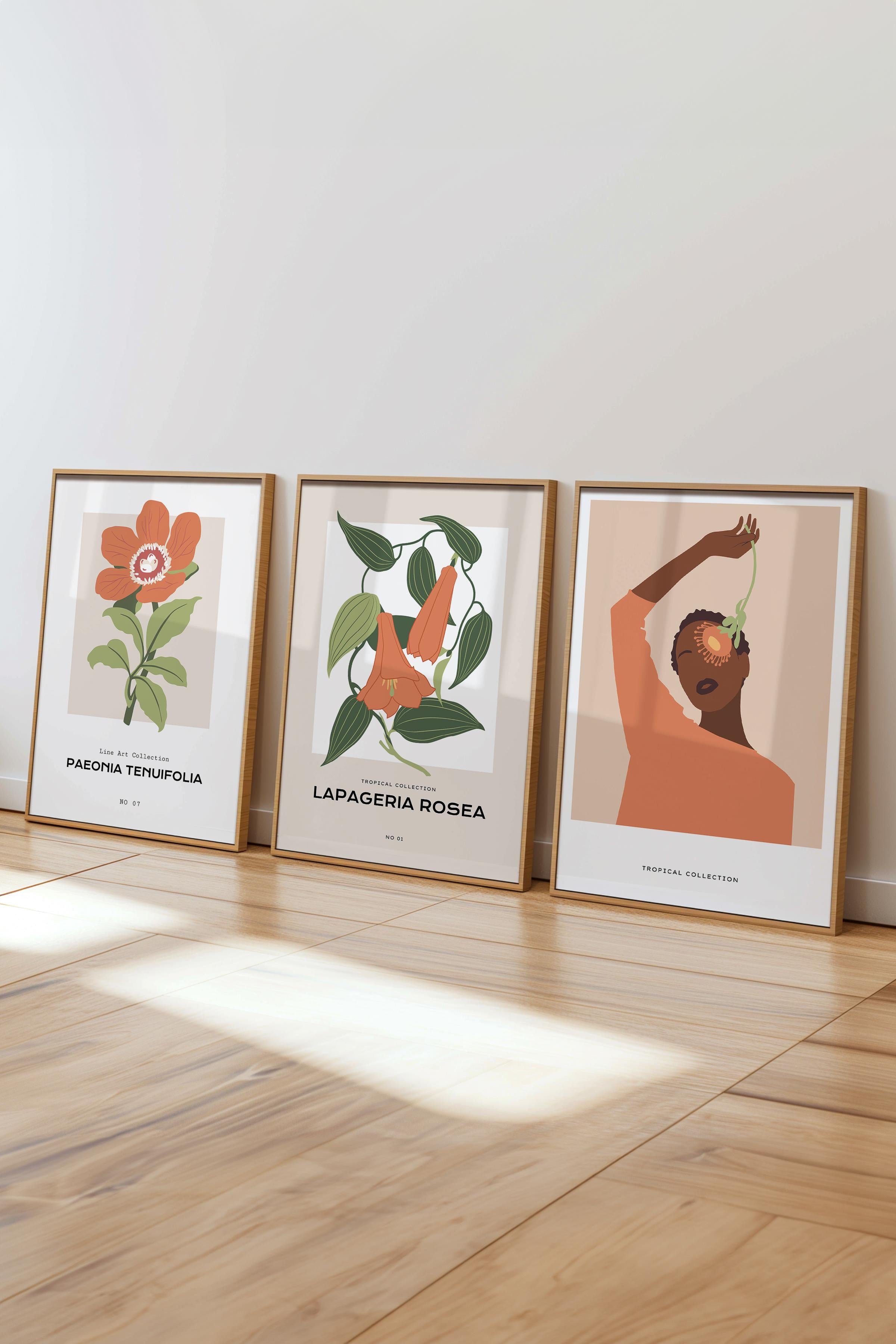 Çerçeveli Tablo Seti, 3 Adet Ahşap Çerçeve ve Minimalist Çizim Temalı Poster Seti, No:300620
