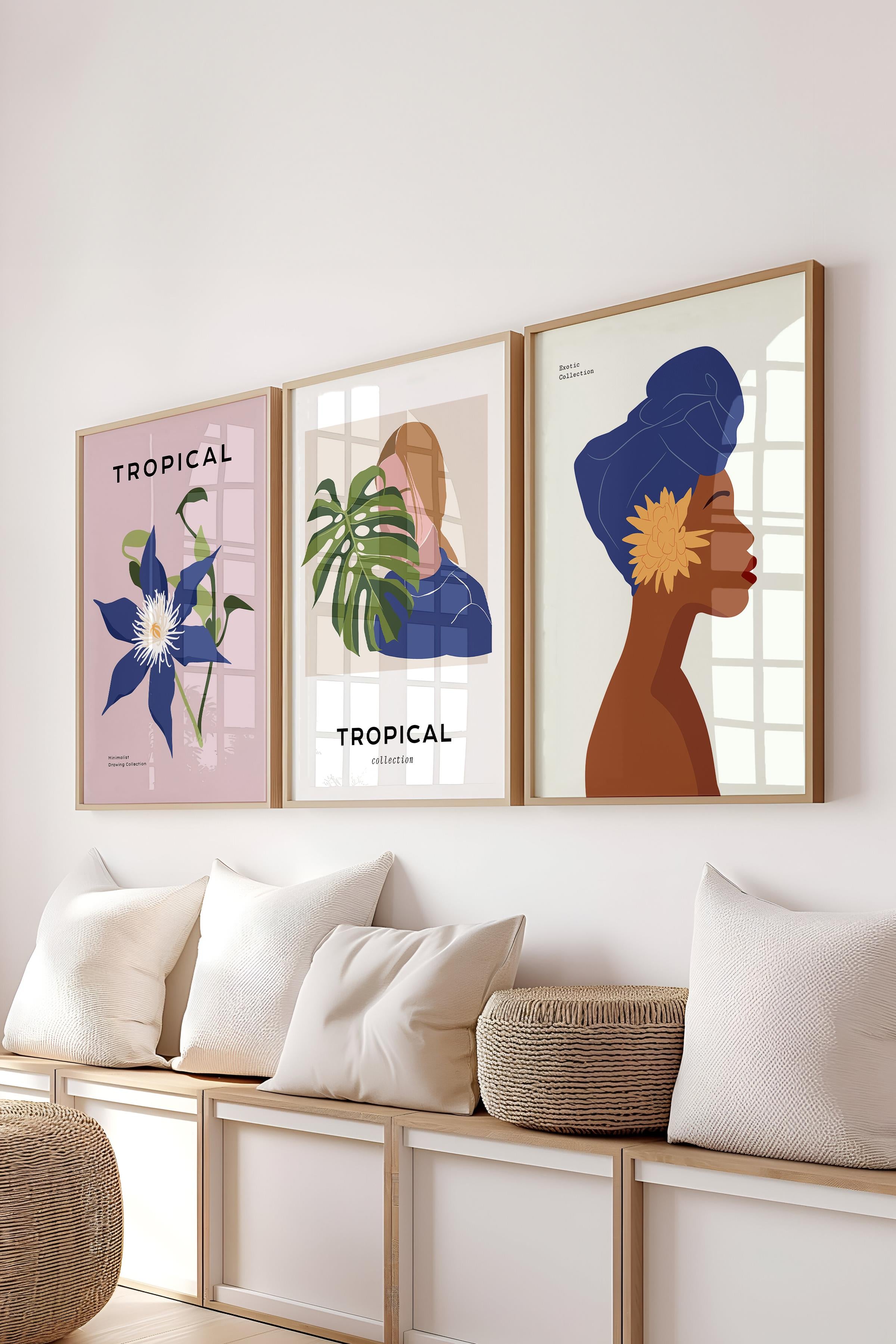 Çerçeveli Tablo Seti, 3 Adet Ahşap Çerçeve ve Minimalist Çizim Temalı Poster Seti, No:300621