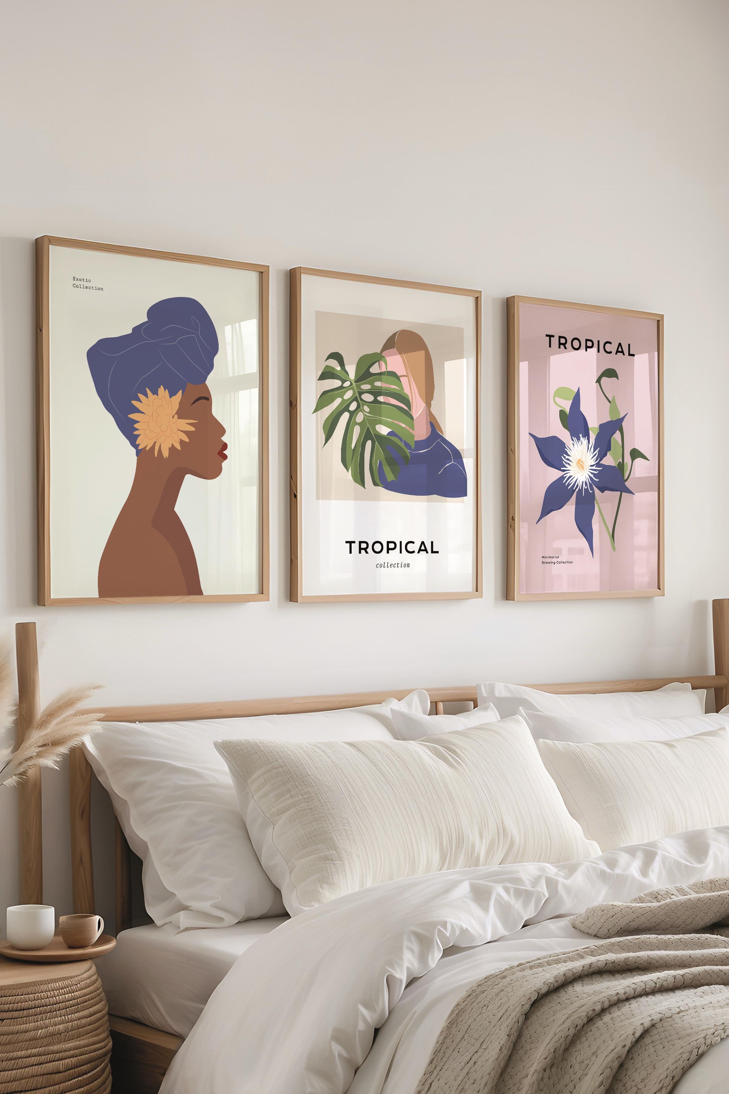 Çerçeveli Tablo Seti, 3 Adet Ahşap Çerçeve ve Minimalist Çizim Temalı Poster Seti, No:300621