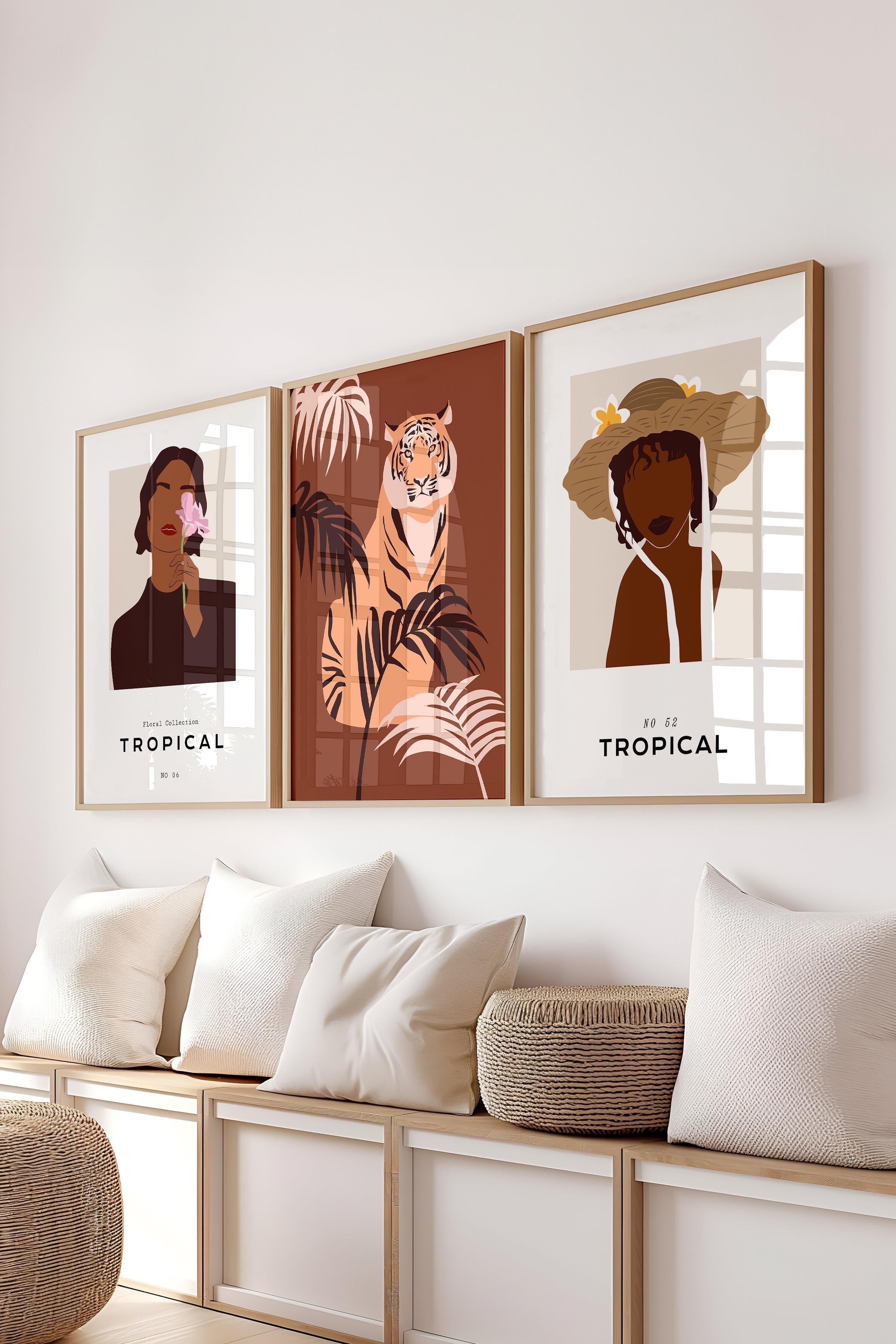 Çerçeveli Tablo Seti, 3 Adet Ahşap Çerçeve ve Minimalist Çizim Temalı Poster Seti, No:300622