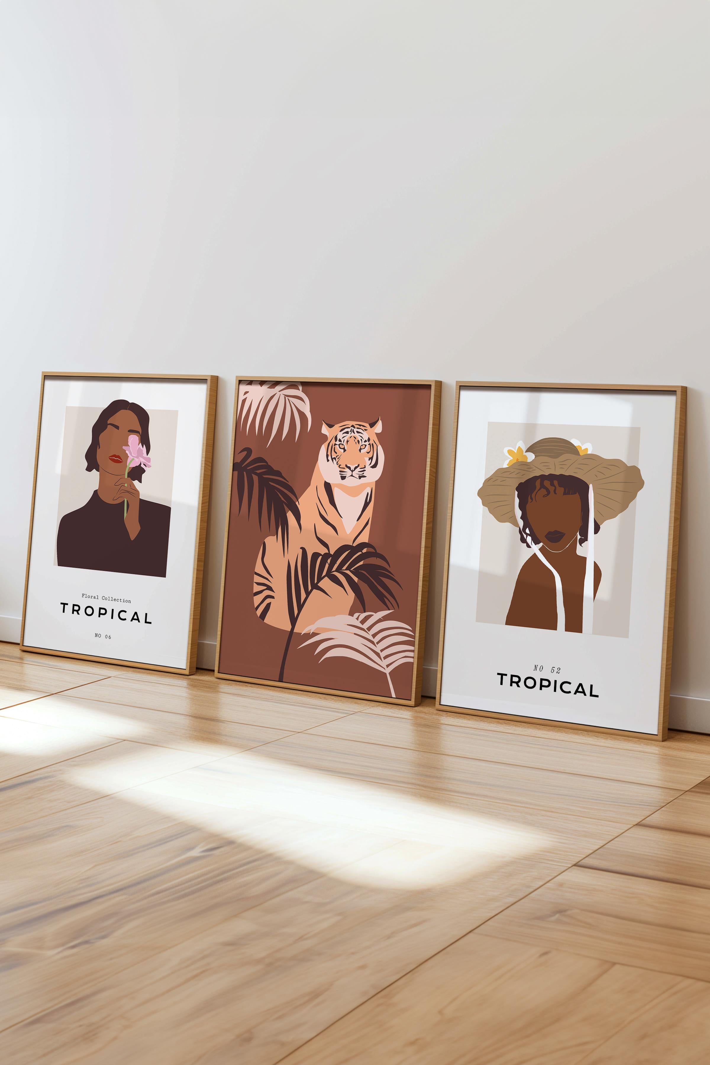Çerçeveli Tablo Seti, 3 Adet Ahşap Çerçeve ve Minimalist Çizim Temalı Poster Seti, No:300622
