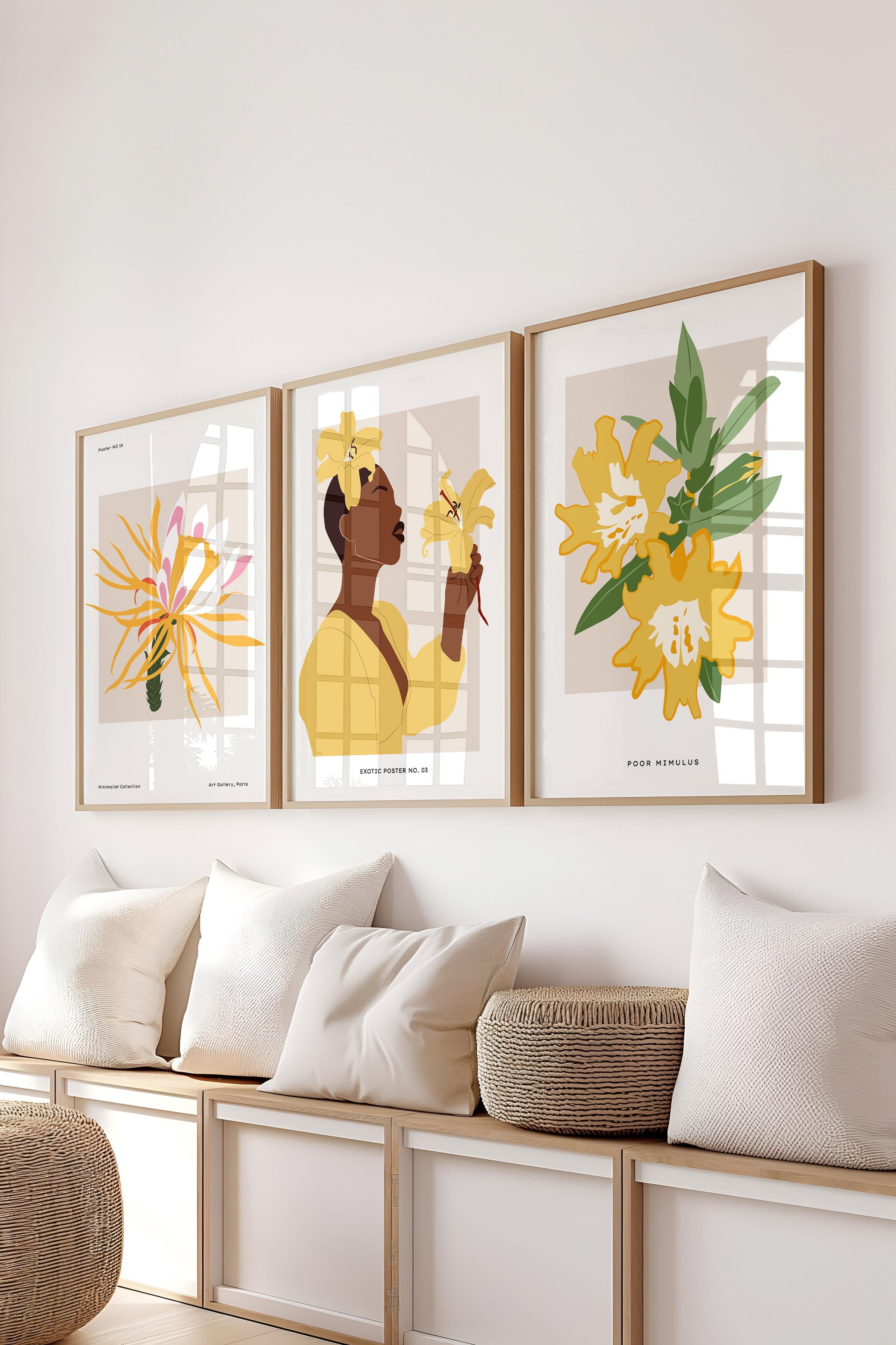 Çerçeveli Tablo Seti, 3 Adet Ahşap Çerçeve ve Minimalist Çizim Temalı Poster Seti, No:300623