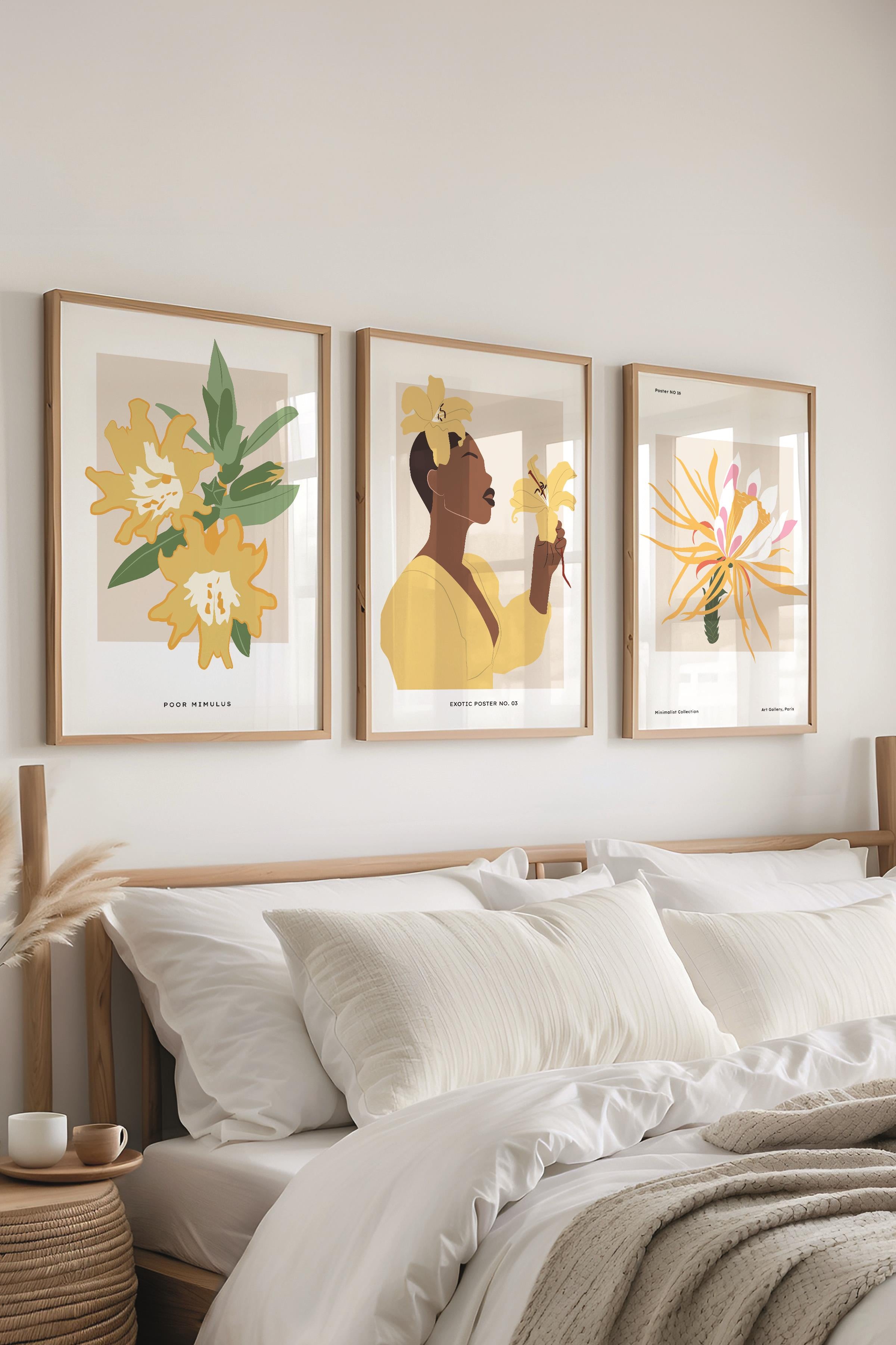 Çerçeveli Tablo Seti, 3 Adet Ahşap Çerçeve ve Minimalist Çizim Temalı Poster Seti, No:300623