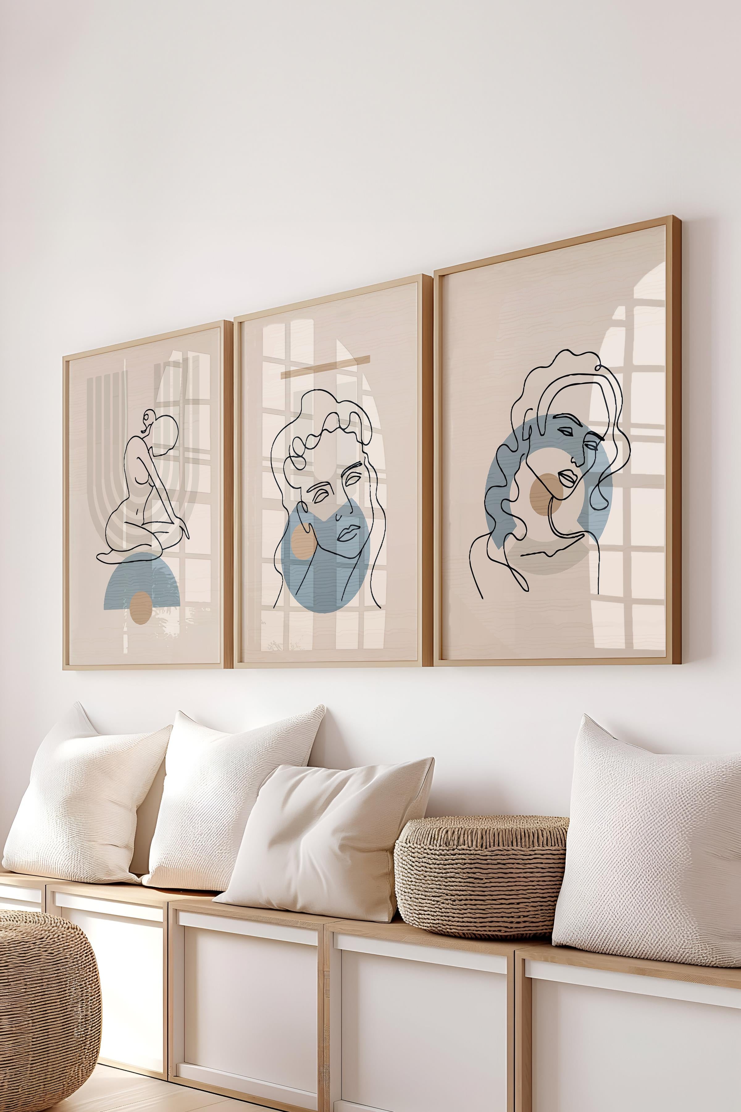 Çerçeveli Tablo Seti, 3 Adet Ahşap Çerçeve ve Minimalist Çizim Temalı Poster Seti, No:300673
