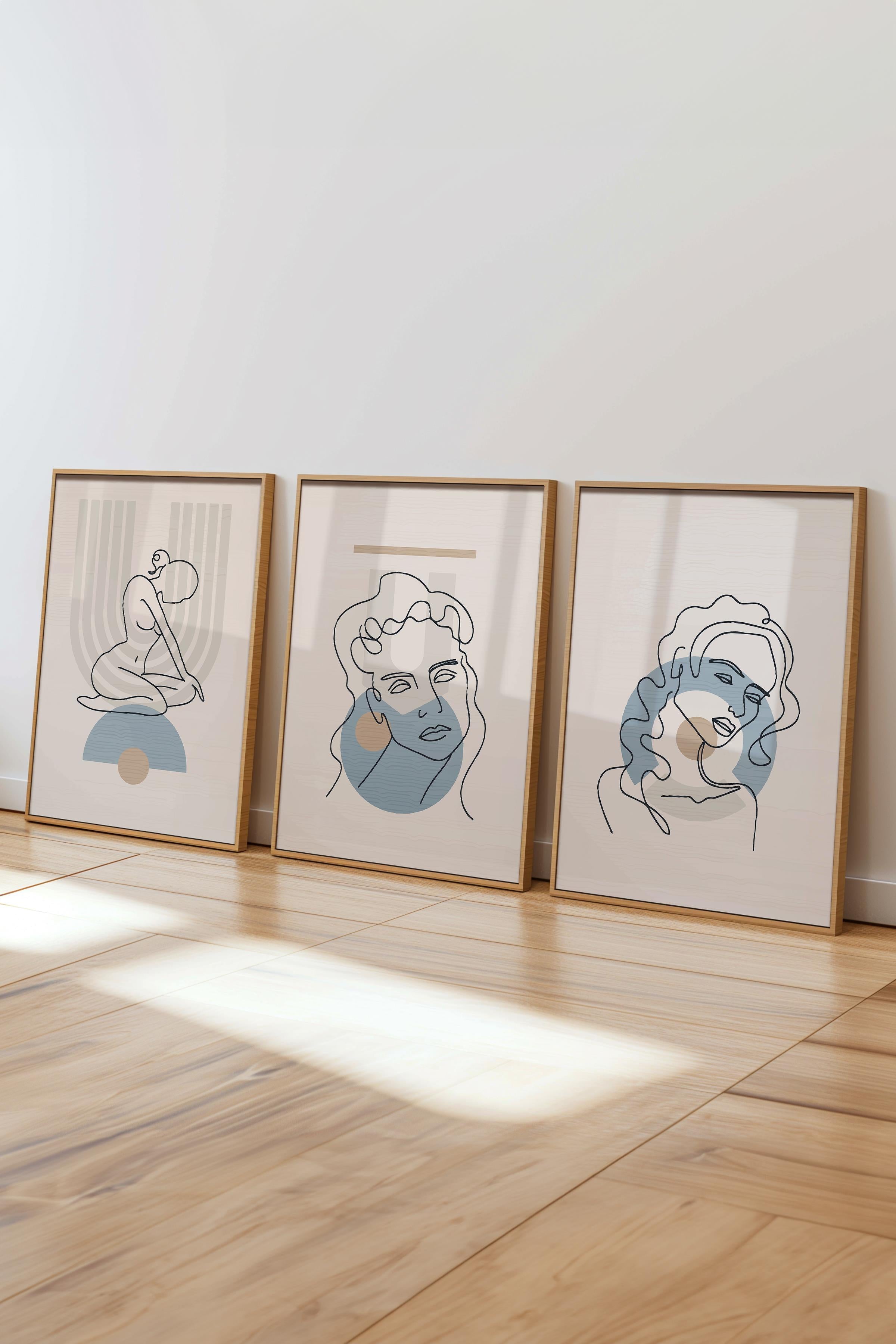 Çerçeveli Tablo Seti, 3 Adet Ahşap Çerçeve ve Minimalist Çizim Temalı Poster Seti, No:300673
