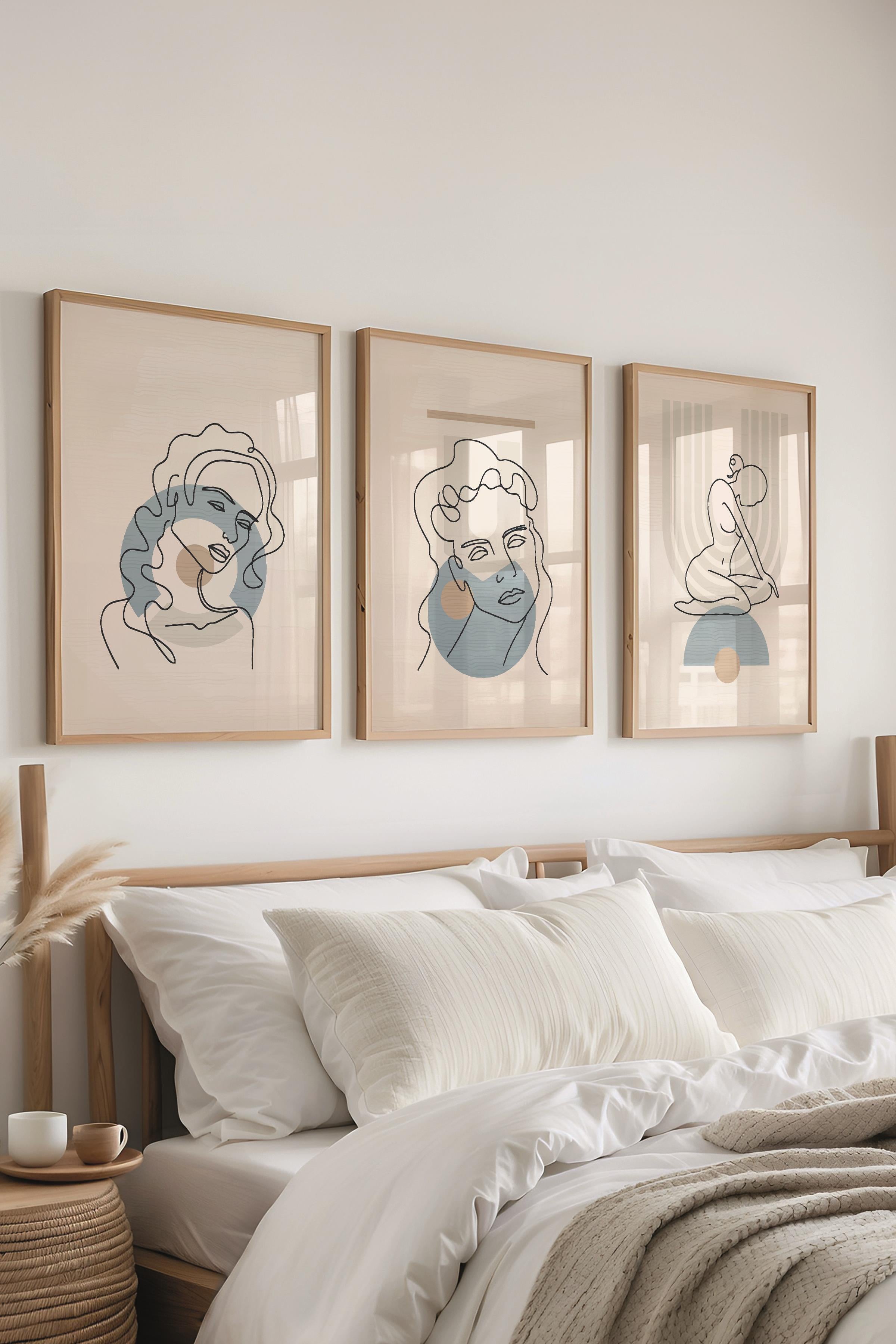 Çerçeveli Tablo Seti, 3 Adet Ahşap Çerçeve ve Minimalist Çizim Temalı Poster Seti, No:300673