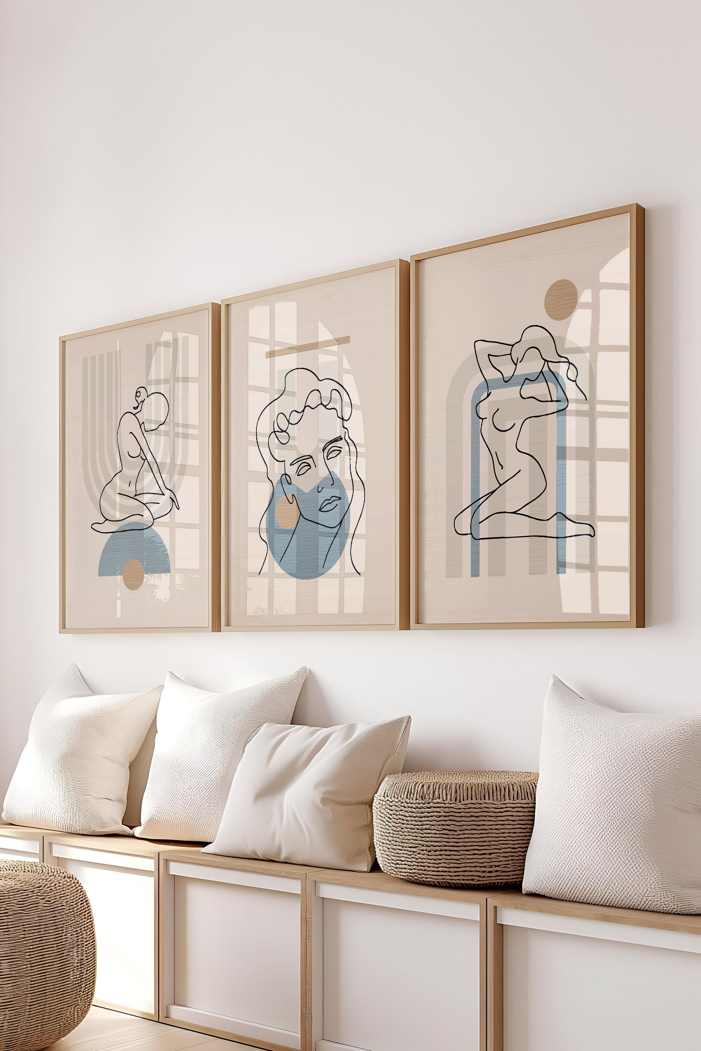 Çerçeveli Tablo Seti, 3 Adet Ahşap Çerçeve ve Minimalist Çizim Temalı Poster Seti, No:300674
