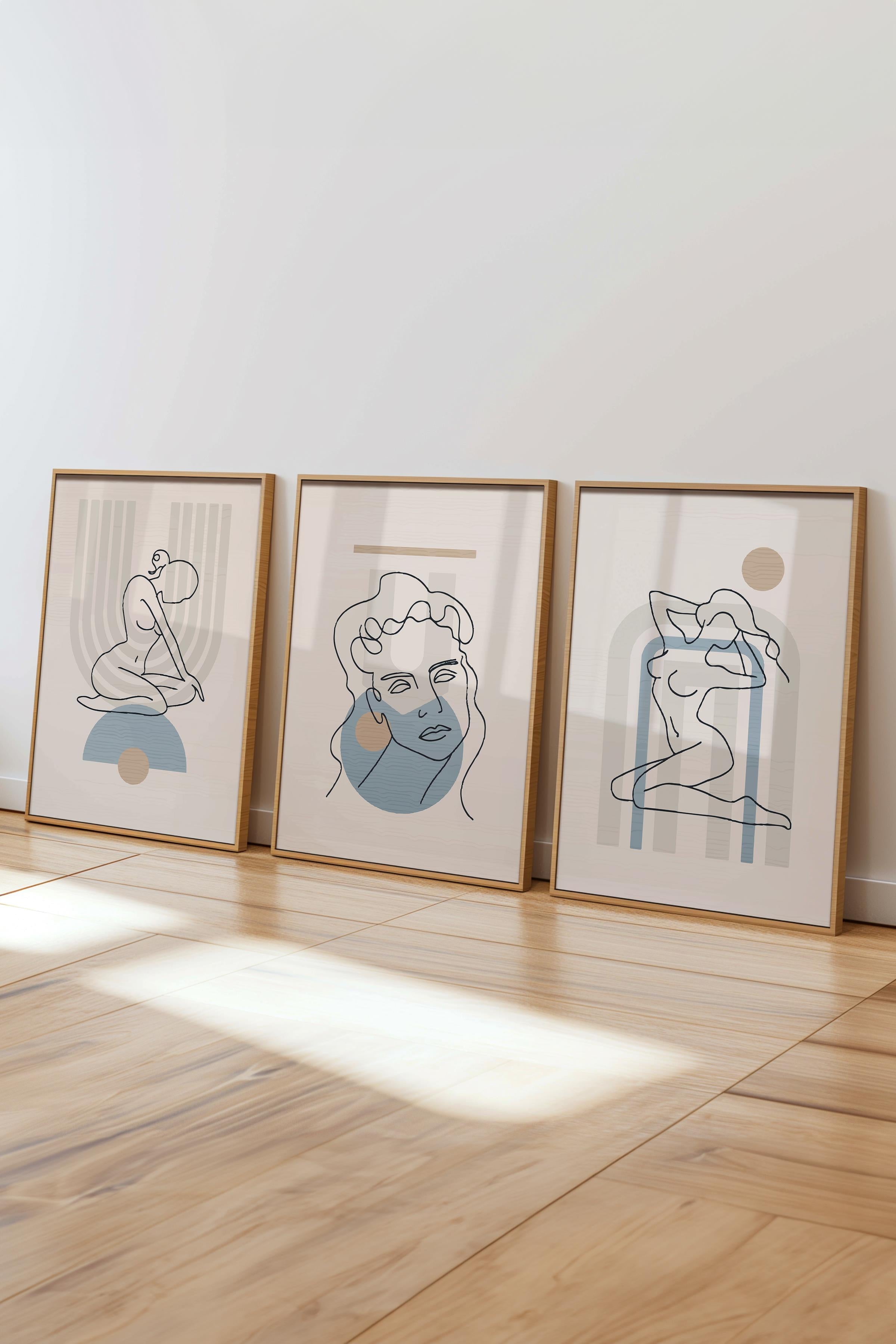 Çerçeveli Tablo Seti, 3 Adet Ahşap Çerçeve ve Minimalist Çizim Temalı Poster Seti, No:300674