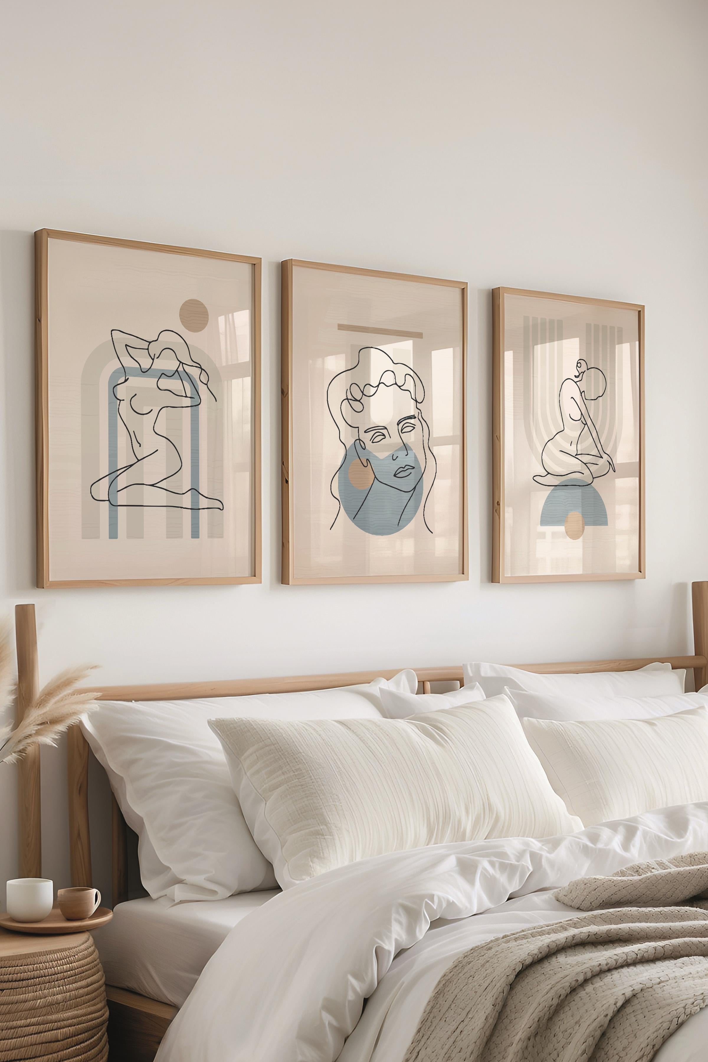 Çerçeveli Tablo Seti, 3 Adet Ahşap Çerçeve ve Minimalist Çizim Temalı Poster Seti, No:300674