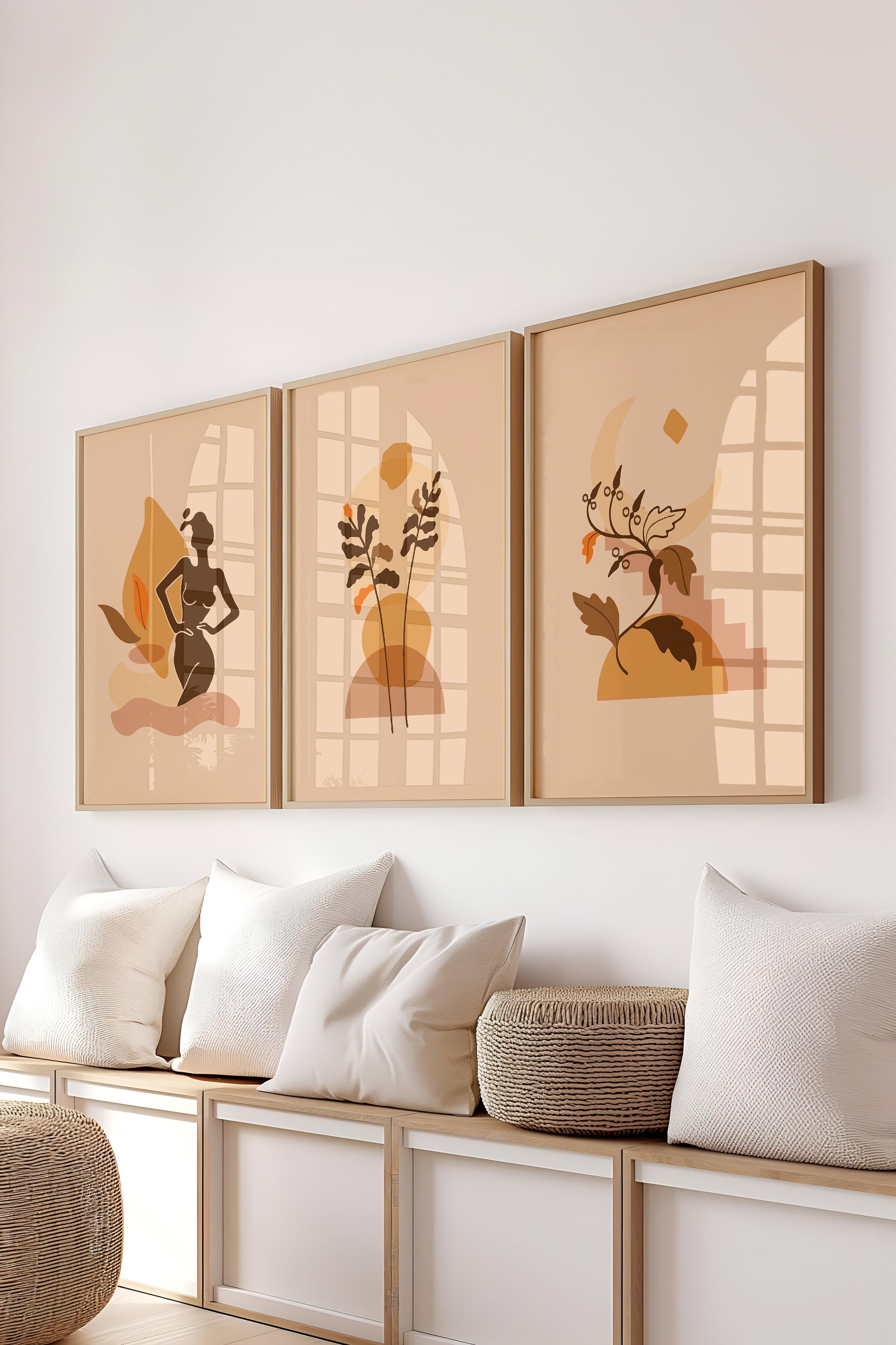 Çerçeveli Tablo Seti, 3 Adet Ahşap Çerçeve ve Minimalist Çizim Temalı Poster Seti, No:300675