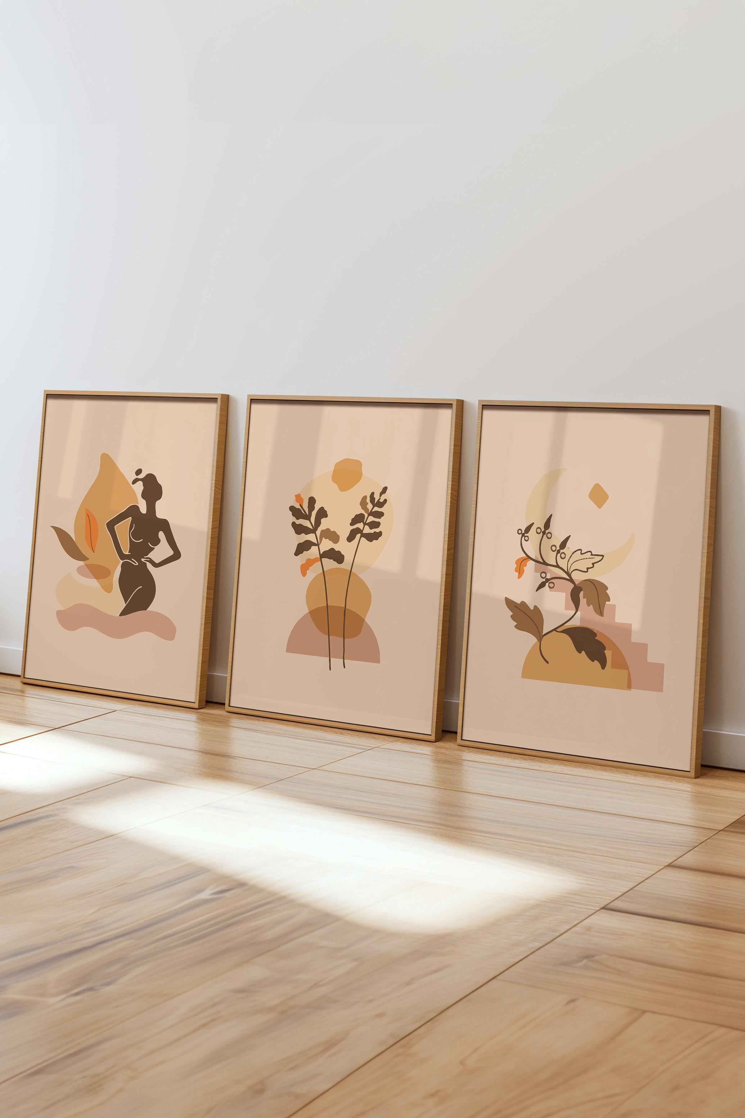 Çerçeveli Tablo Seti, 3 Adet Ahşap Çerçeve ve Minimalist Çizim Temalı Poster Seti, No:300675