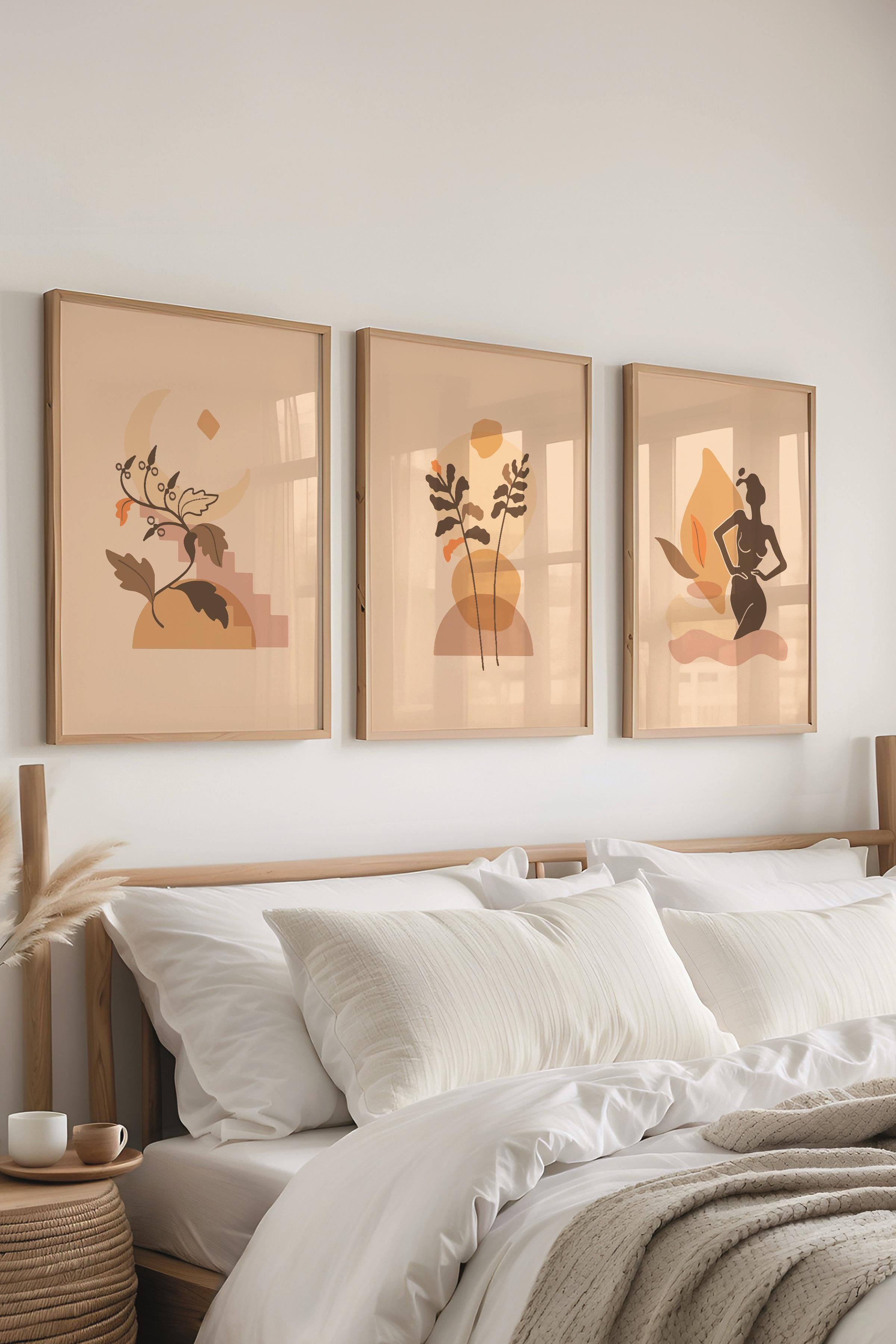 Çerçeveli Tablo Seti, 3 Adet Ahşap Çerçeve ve Minimalist Çizim Temalı Poster Seti, No:300675