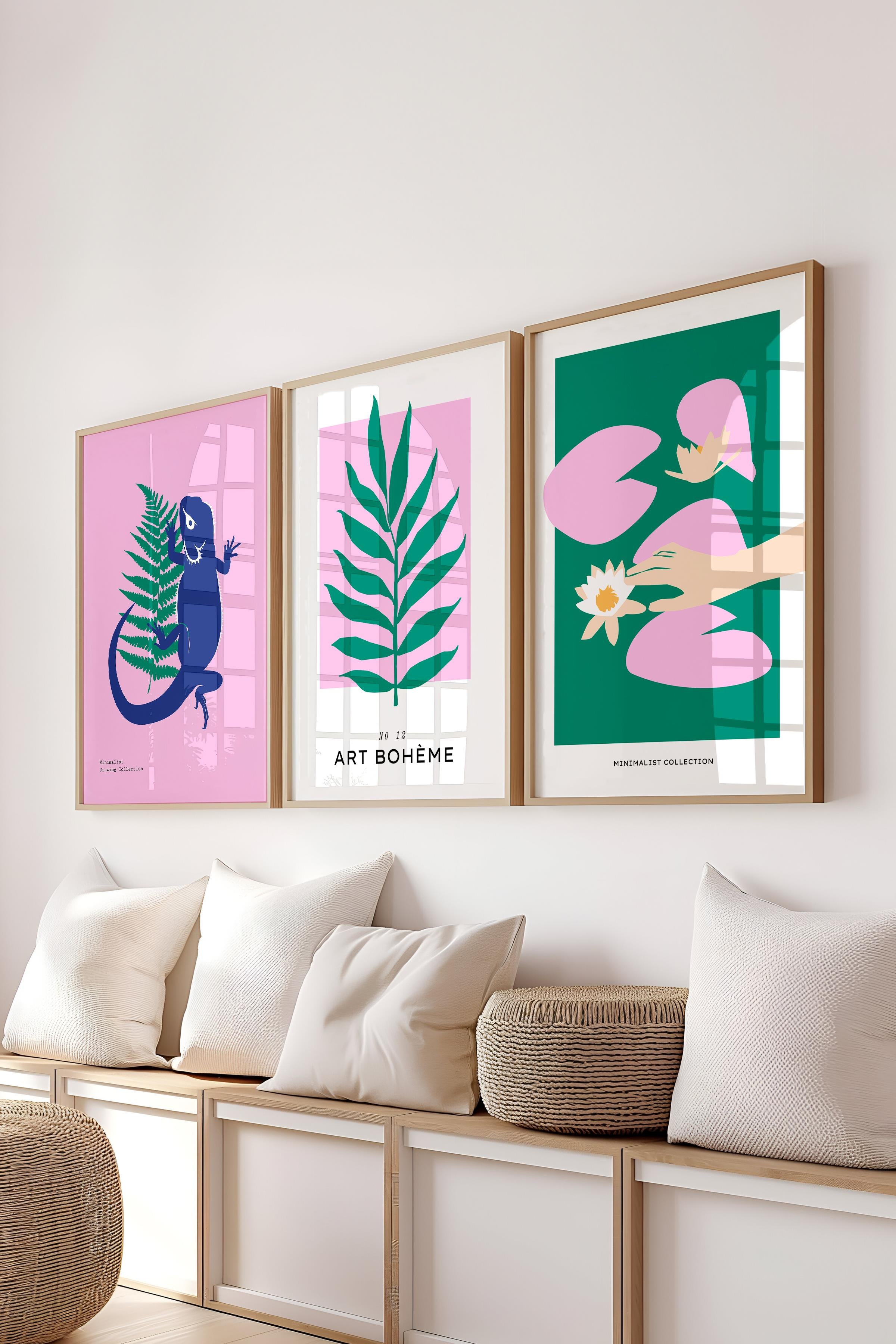 Çerçeveli Tablo Seti, 3 Adet Ahşap Çerçeve ve Minimalist Deniz Yaşamı Temalı Poster Seti, No:300501