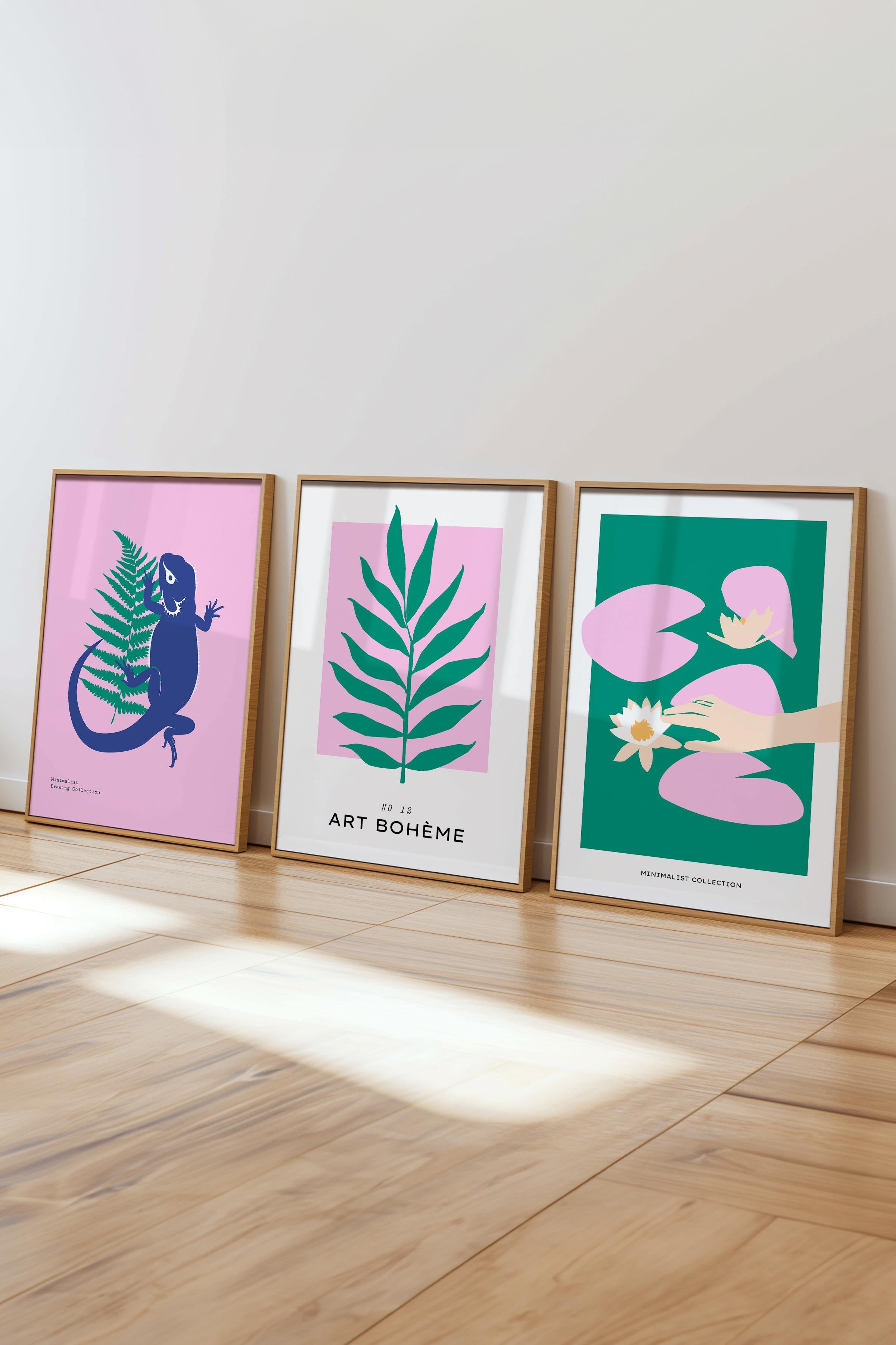 Çerçeveli Tablo Seti, 3 Adet Ahşap Çerçeve ve Minimalist Deniz Yaşamı Temalı Poster Seti, No:300501
