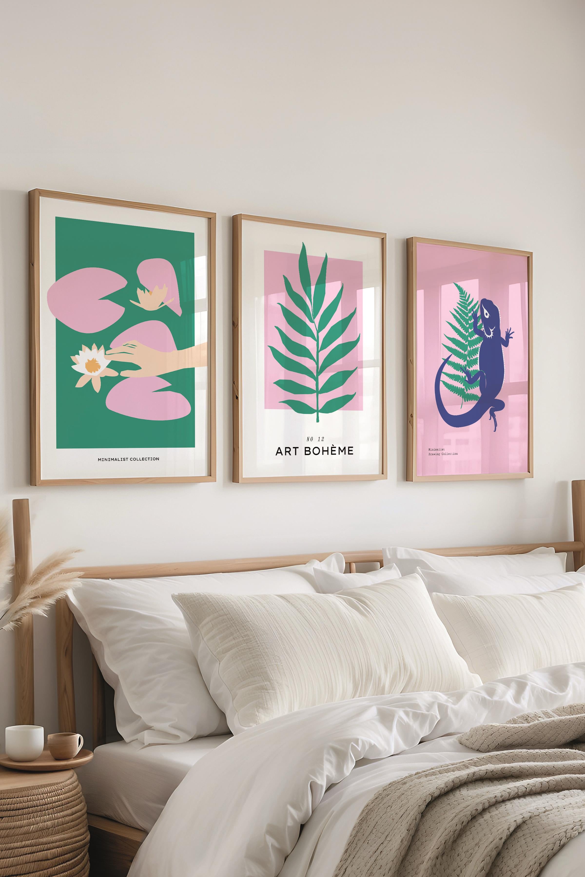Çerçeveli Tablo Seti, 3 Adet Ahşap Çerçeve ve Minimalist Deniz Yaşamı Temalı Poster Seti, No:300501