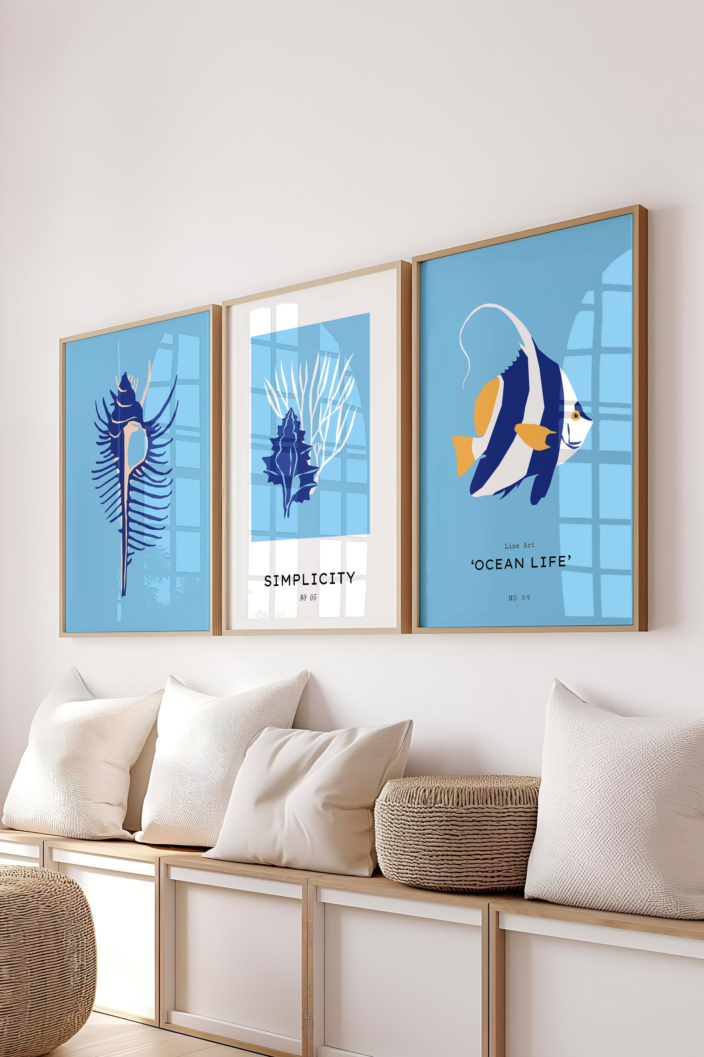 Çerçeveli Tablo Seti, 3 Adet Ahşap Çerçeve ve Minimalist Deniz Yaşamı Temalı Poster Seti, No:300502