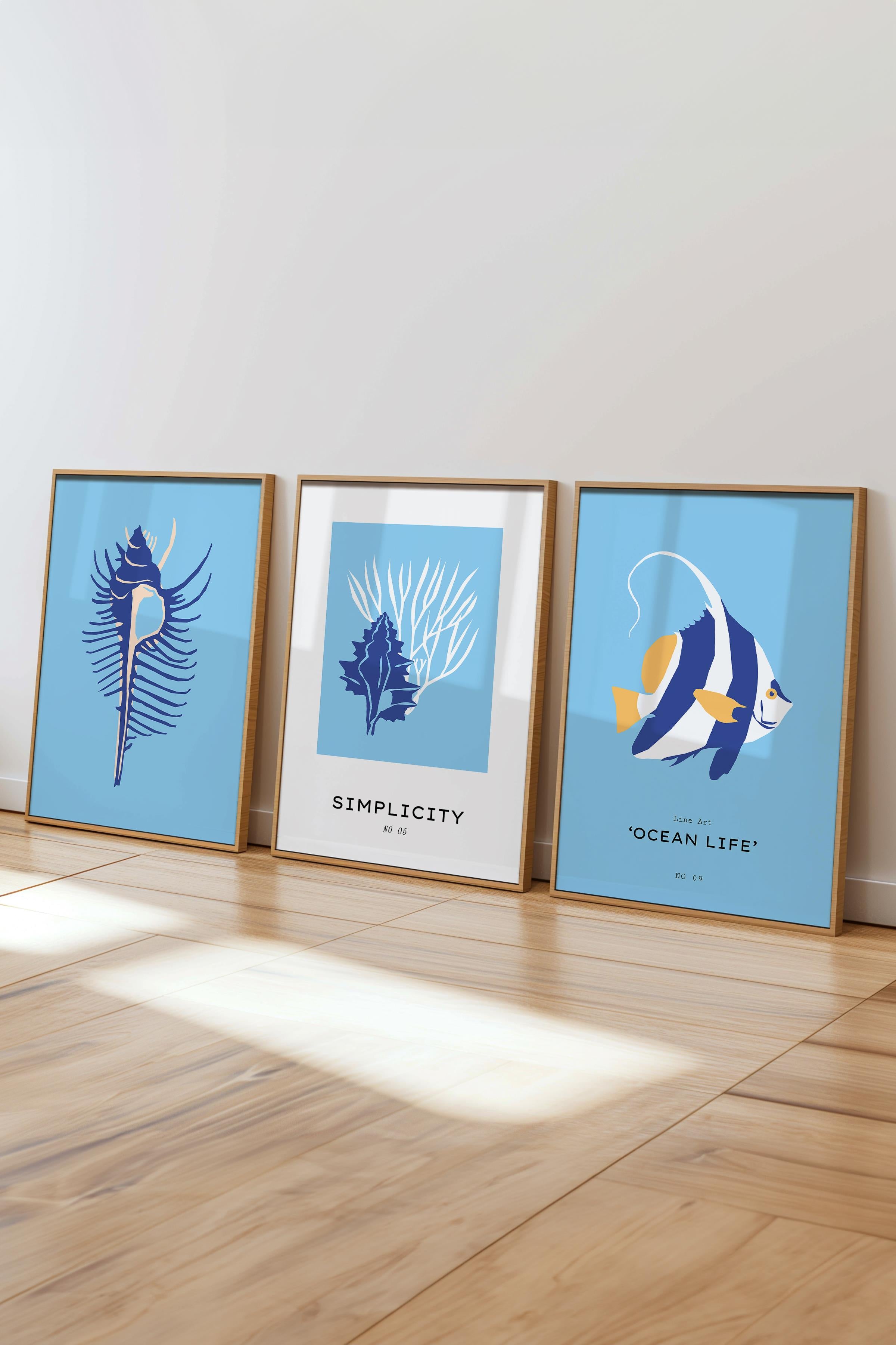 Çerçeveli Tablo Seti, 3 Adet Ahşap Çerçeve ve Minimalist Deniz Yaşamı Temalı Poster Seti, No:300502