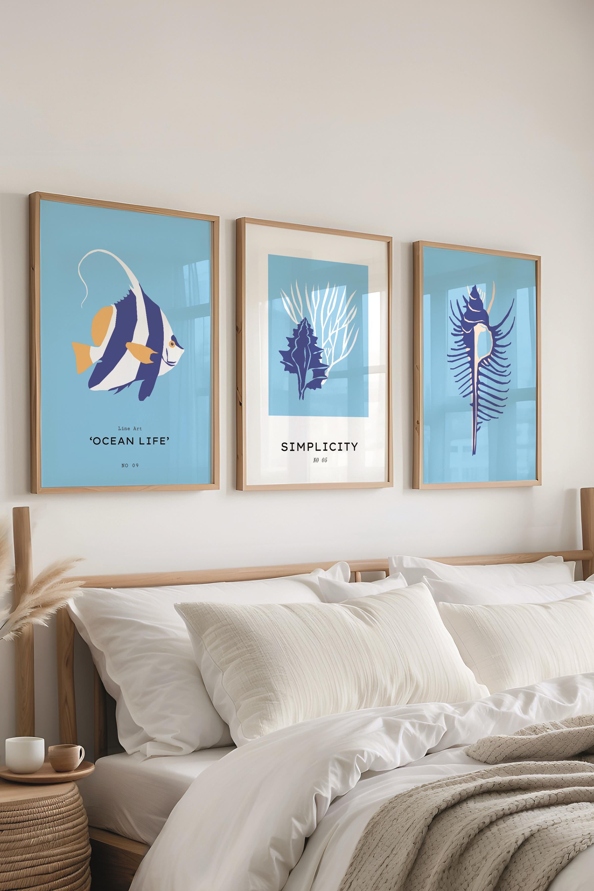Çerçeveli Tablo Seti, 3 Adet Ahşap Çerçeve ve Minimalist Deniz Yaşamı Temalı Poster Seti, No:300502