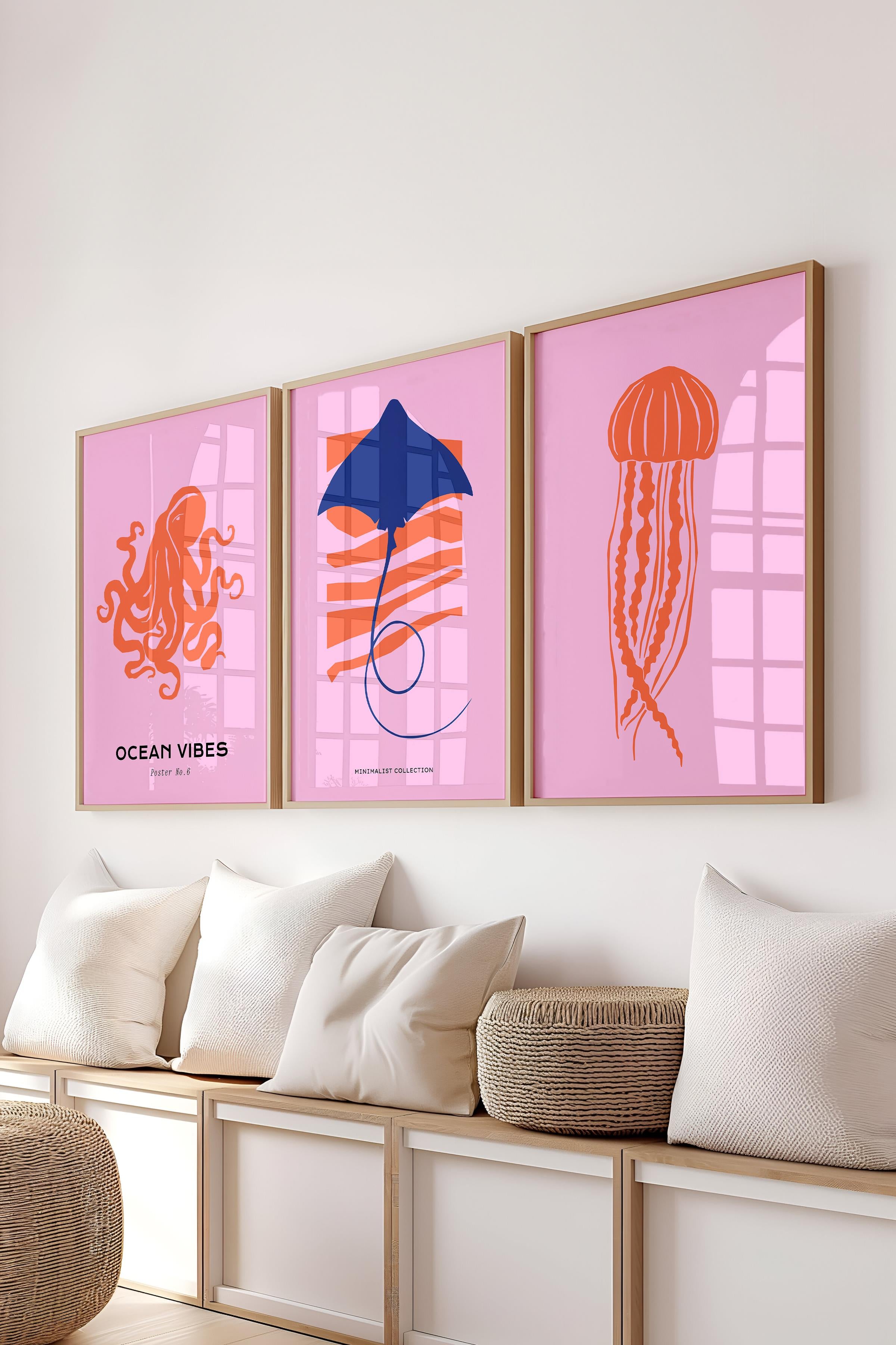 Çerçeveli Tablo Seti, 3 Adet Ahşap Çerçeve ve Minimalist Deniz Yaşamı Temalı Poster Seti, No:300503