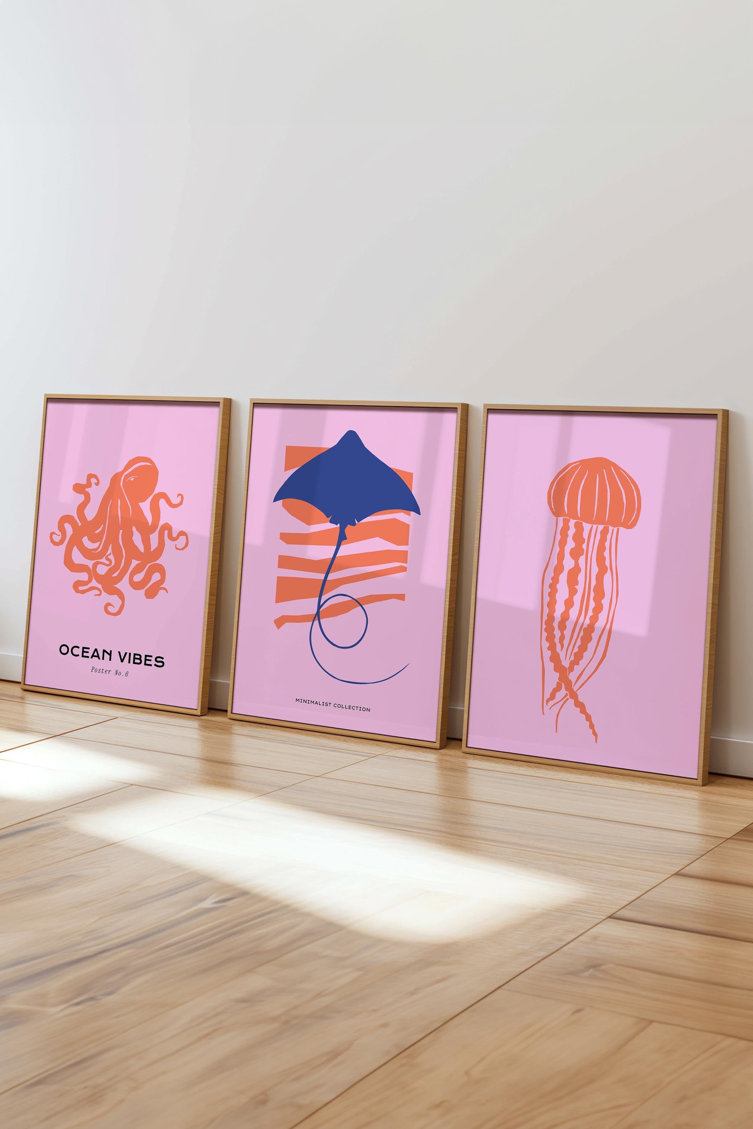 Çerçeveli Tablo Seti, 3 Adet Ahşap Çerçeve ve Minimalist Deniz Yaşamı Temalı Poster Seti, No:300503