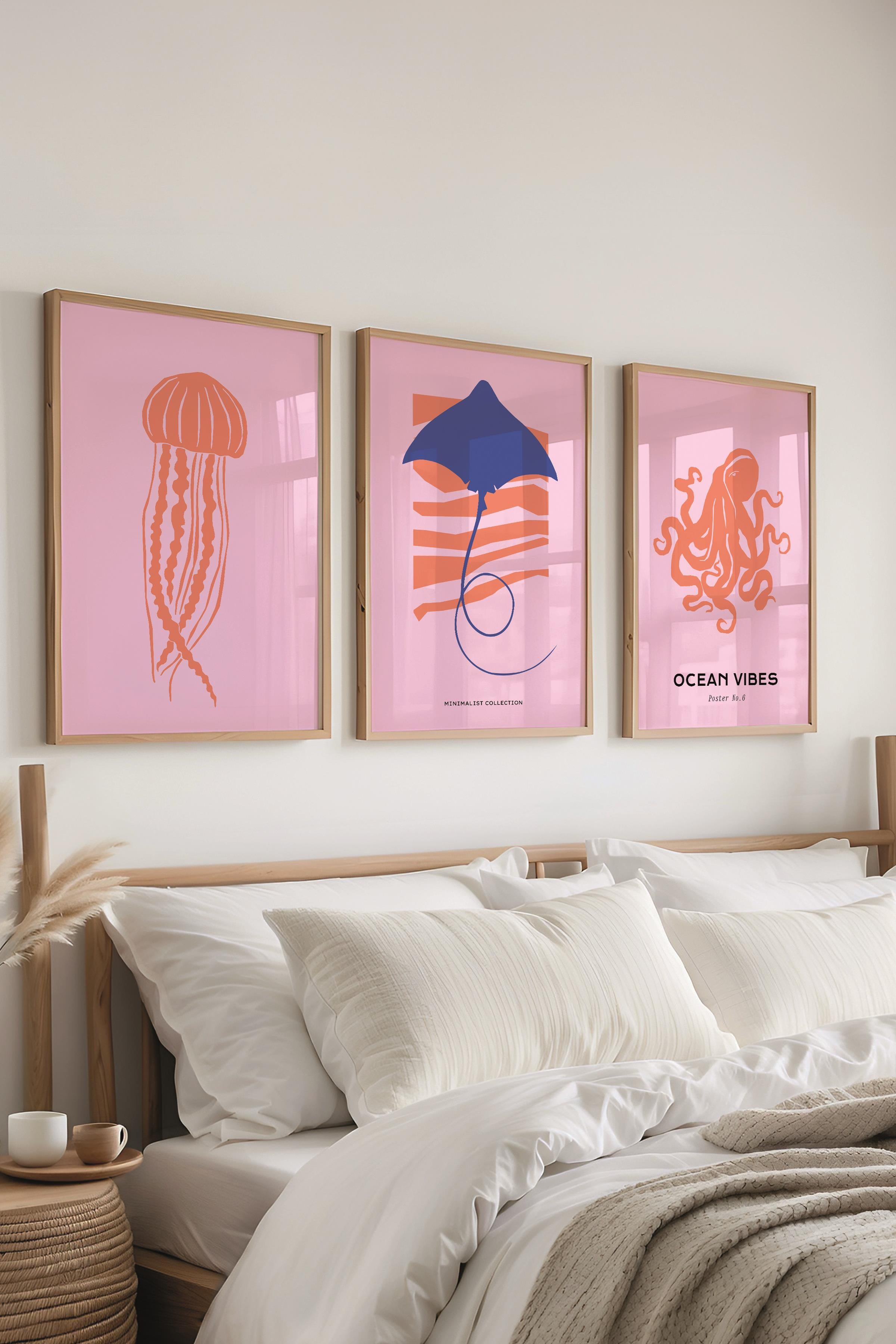 Çerçeveli Tablo Seti, 3 Adet Ahşap Çerçeve ve Minimalist Deniz Yaşamı Temalı Poster Seti, No:300503