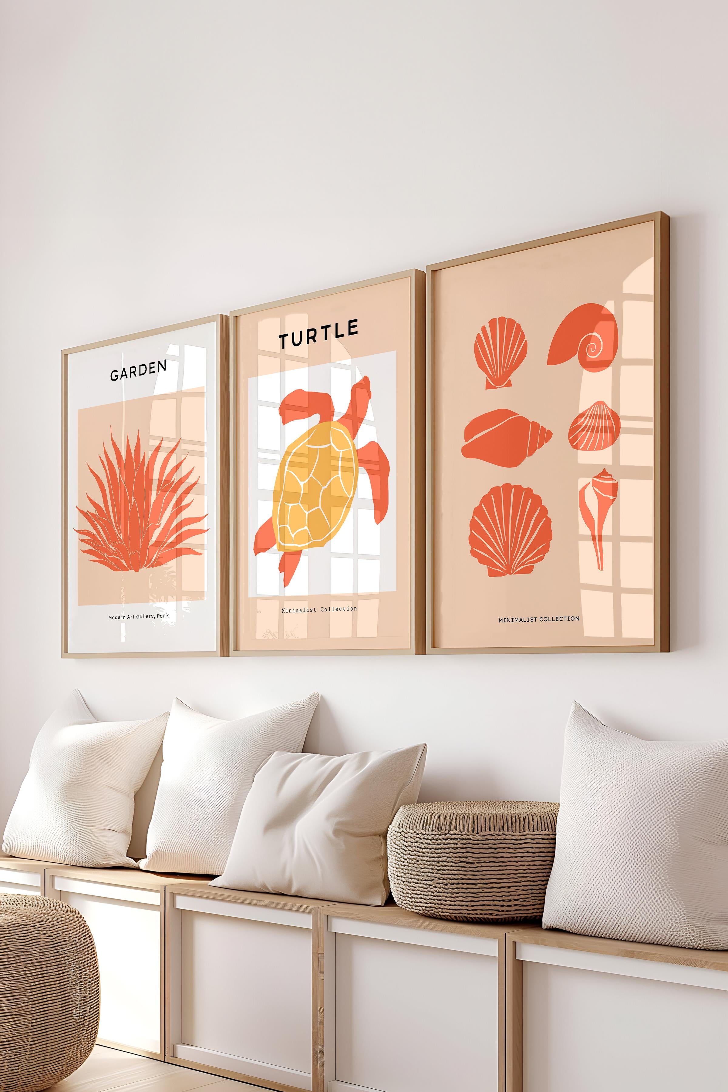 Çerçeveli Tablo Seti, 3 Adet Ahşap Çerçeve ve Minimalist Deniz Yaşamı Temalı Poster Seti, No:300504