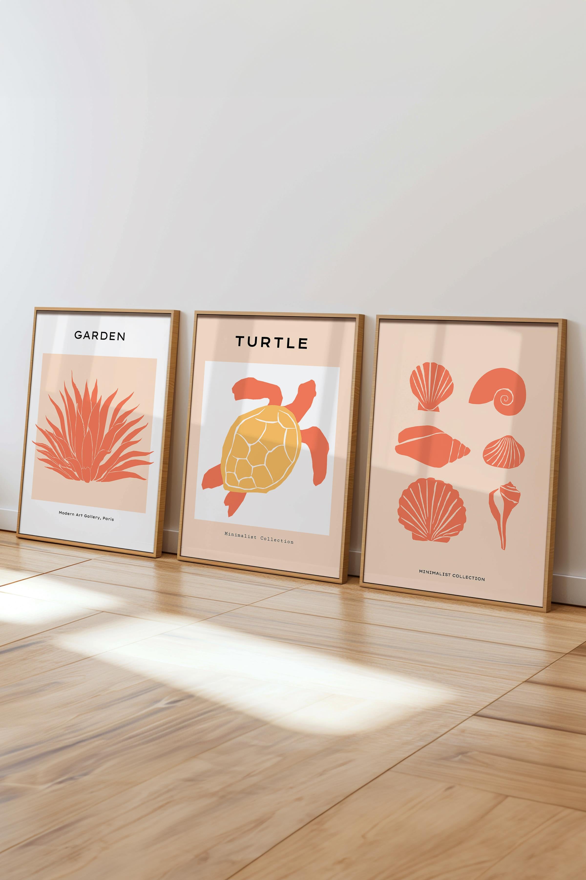 Çerçeveli Tablo Seti, 3 Adet Ahşap Çerçeve ve Minimalist Deniz Yaşamı Temalı Poster Seti, No:300504