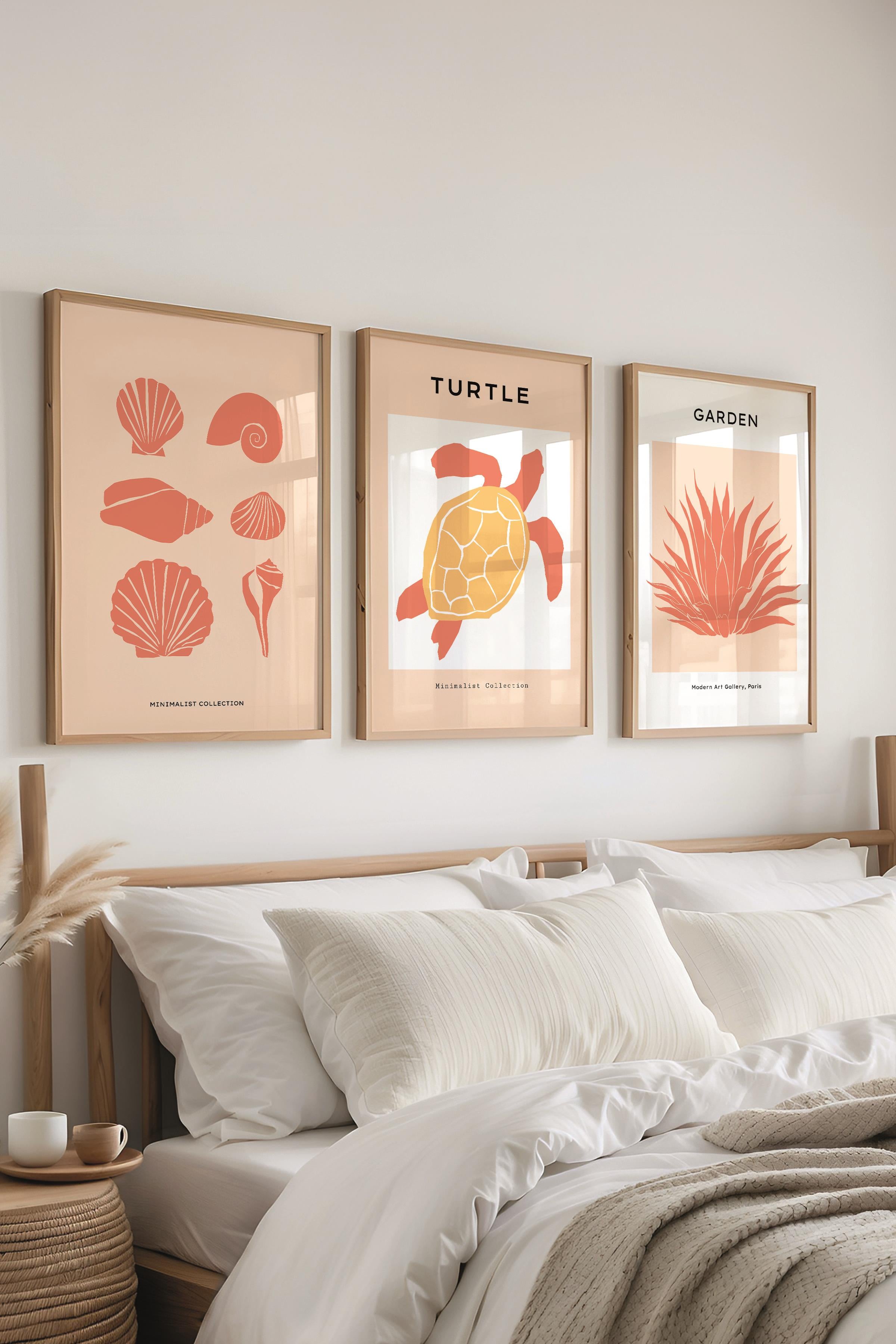 Çerçeveli Tablo Seti, 3 Adet Ahşap Çerçeve ve Minimalist Deniz Yaşamı Temalı Poster Seti, No:300504