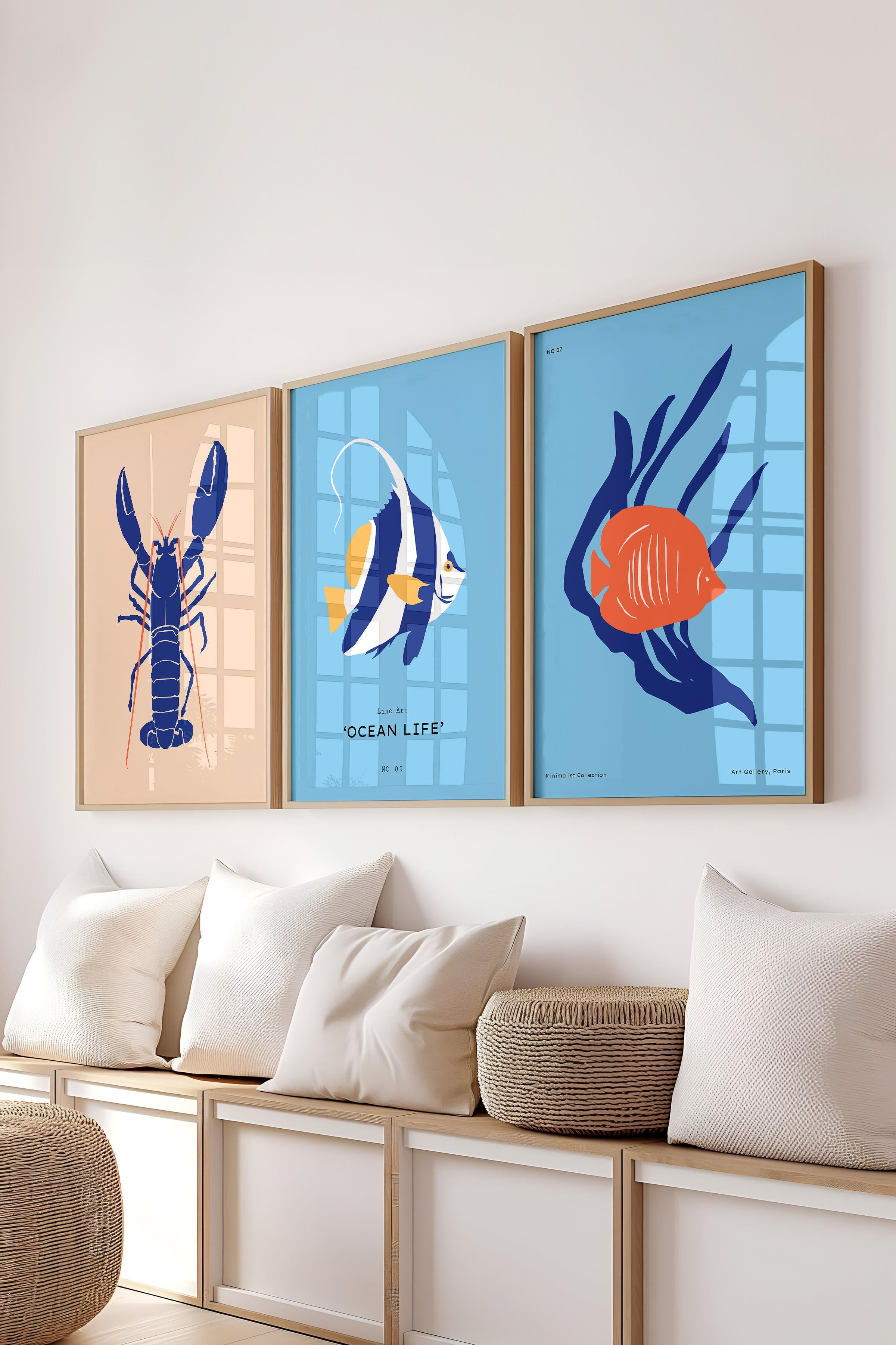 Çerçeveli Tablo Seti, 3 Adet Ahşap Çerçeve ve Minimalist Deniz Yaşamı Temalı Poster Seti, No:300505