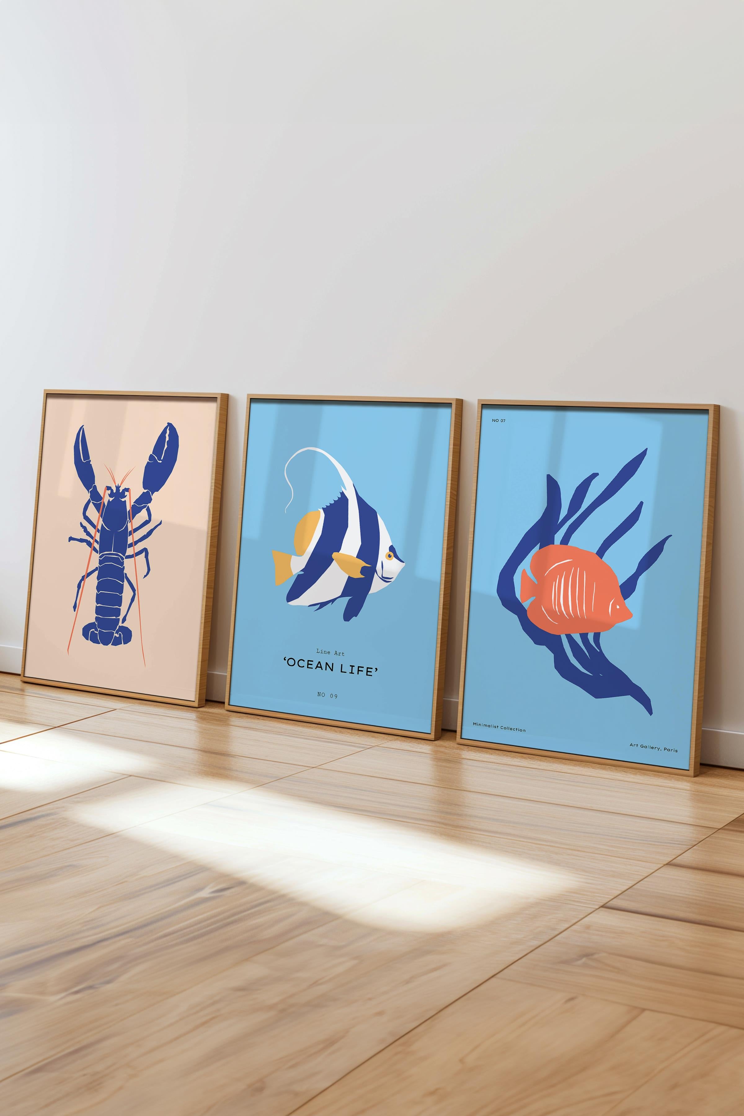 Çerçeveli Tablo Seti, 3 Adet Ahşap Çerçeve ve Minimalist Deniz Yaşamı Temalı Poster Seti, No:300505