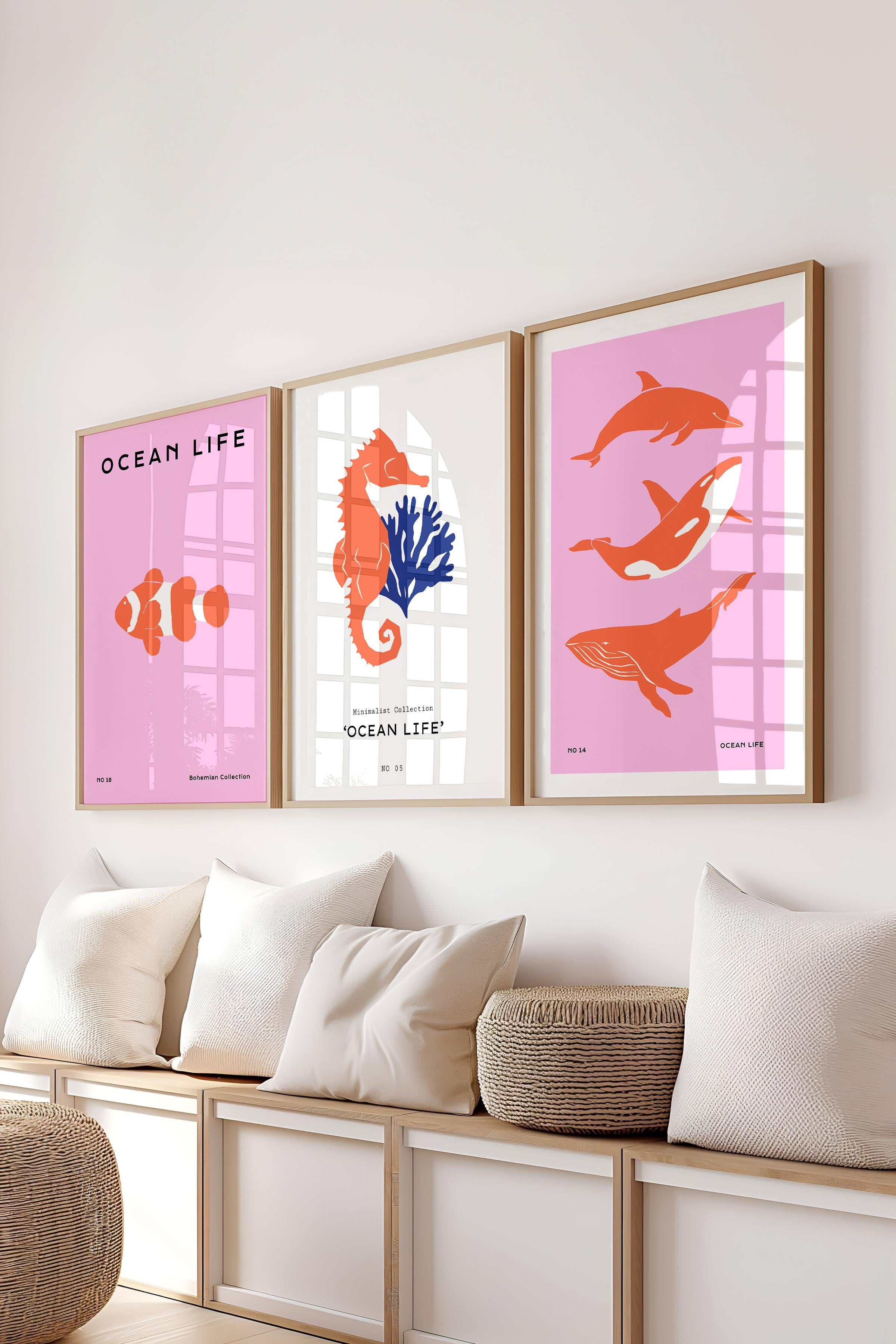 Çerçeveli Tablo Seti, 3 Adet Ahşap Çerçeve ve Minimalist Deniz Yaşamı Temalı Poster Seti, No:300506