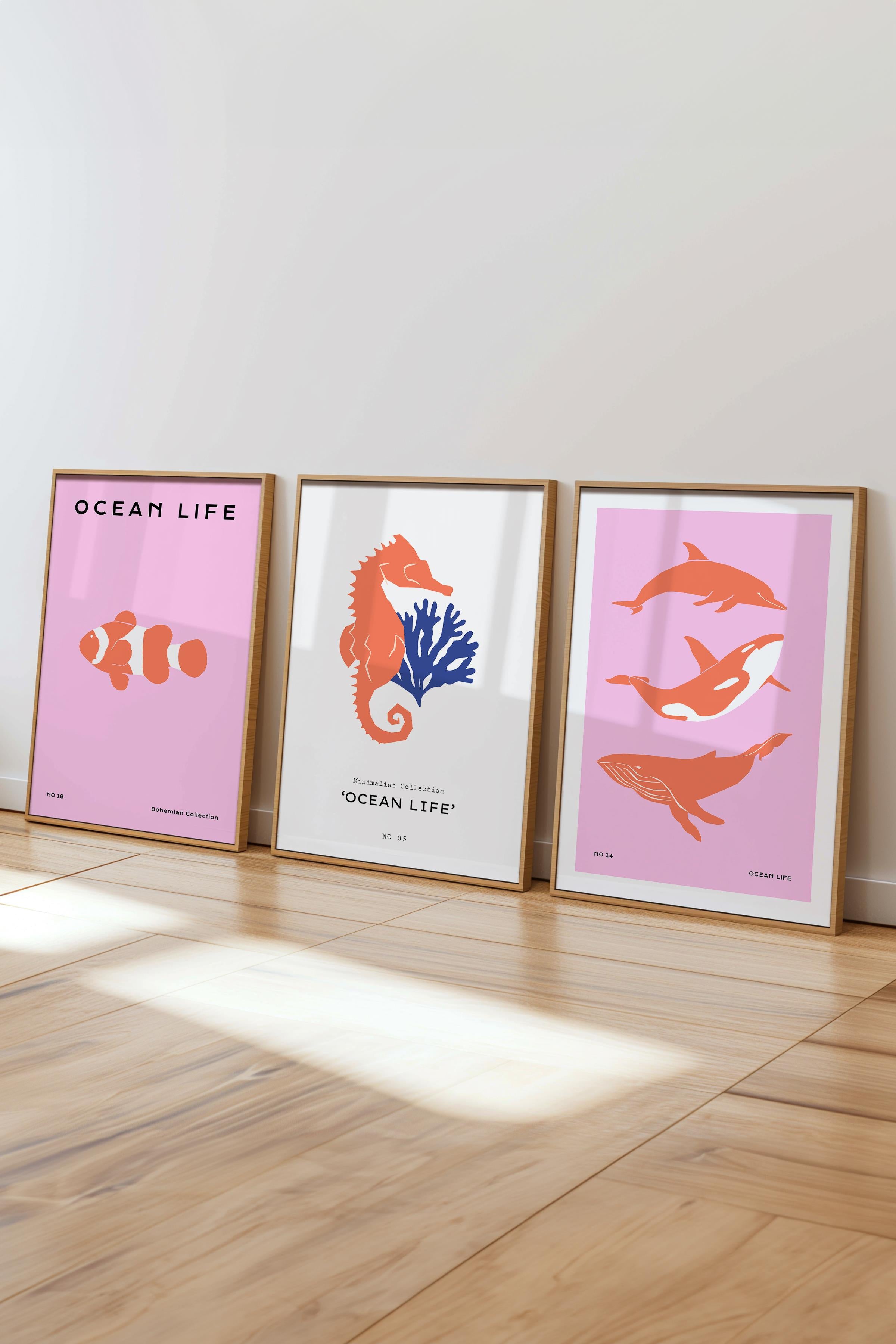 Çerçeveli Tablo Seti, 3 Adet Ahşap Çerçeve ve Minimalist Deniz Yaşamı Temalı Poster Seti, No:300506