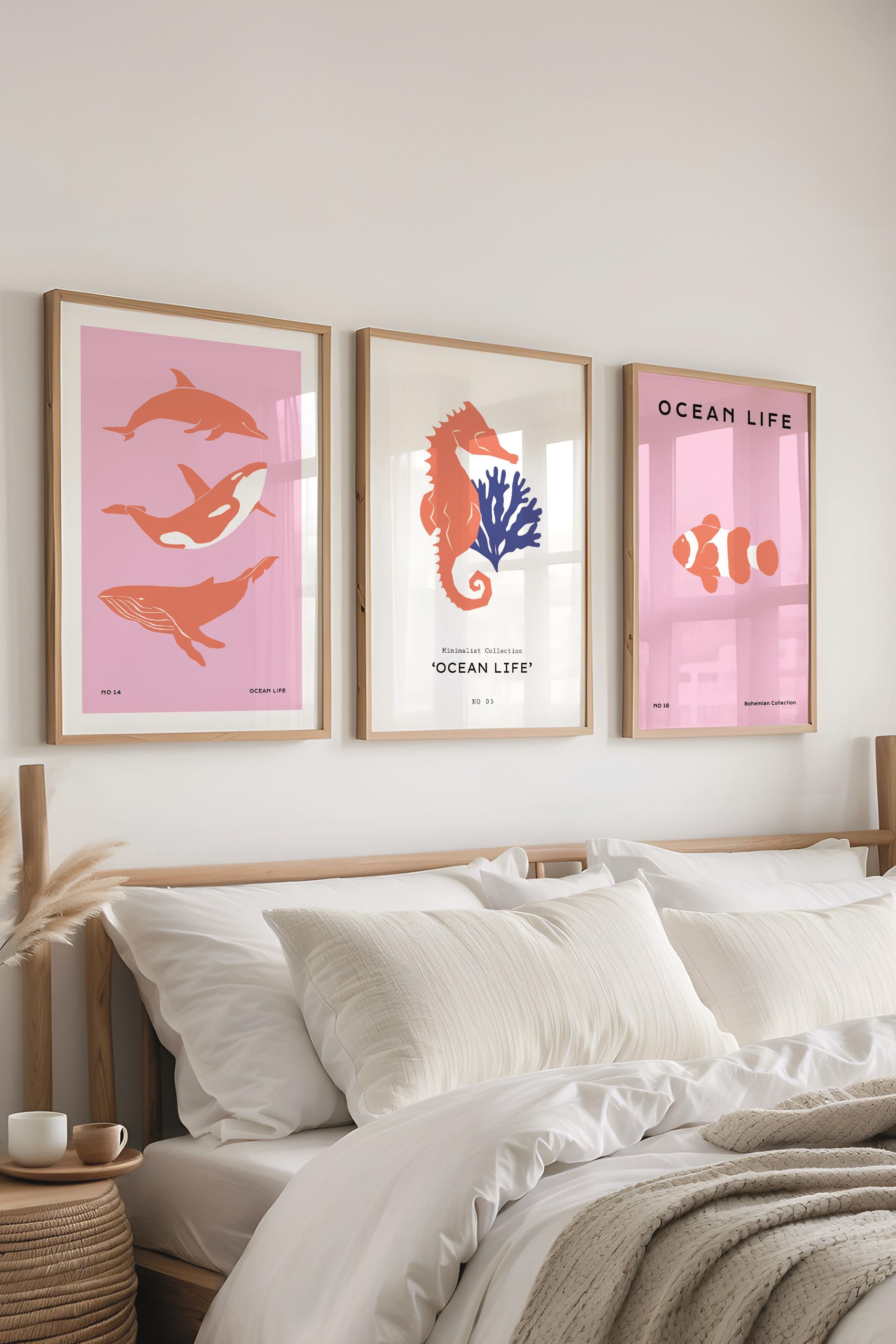 Çerçeveli Tablo Seti, 3 Adet Ahşap Çerçeve ve Minimalist Deniz Yaşamı Temalı Poster Seti, No:300506