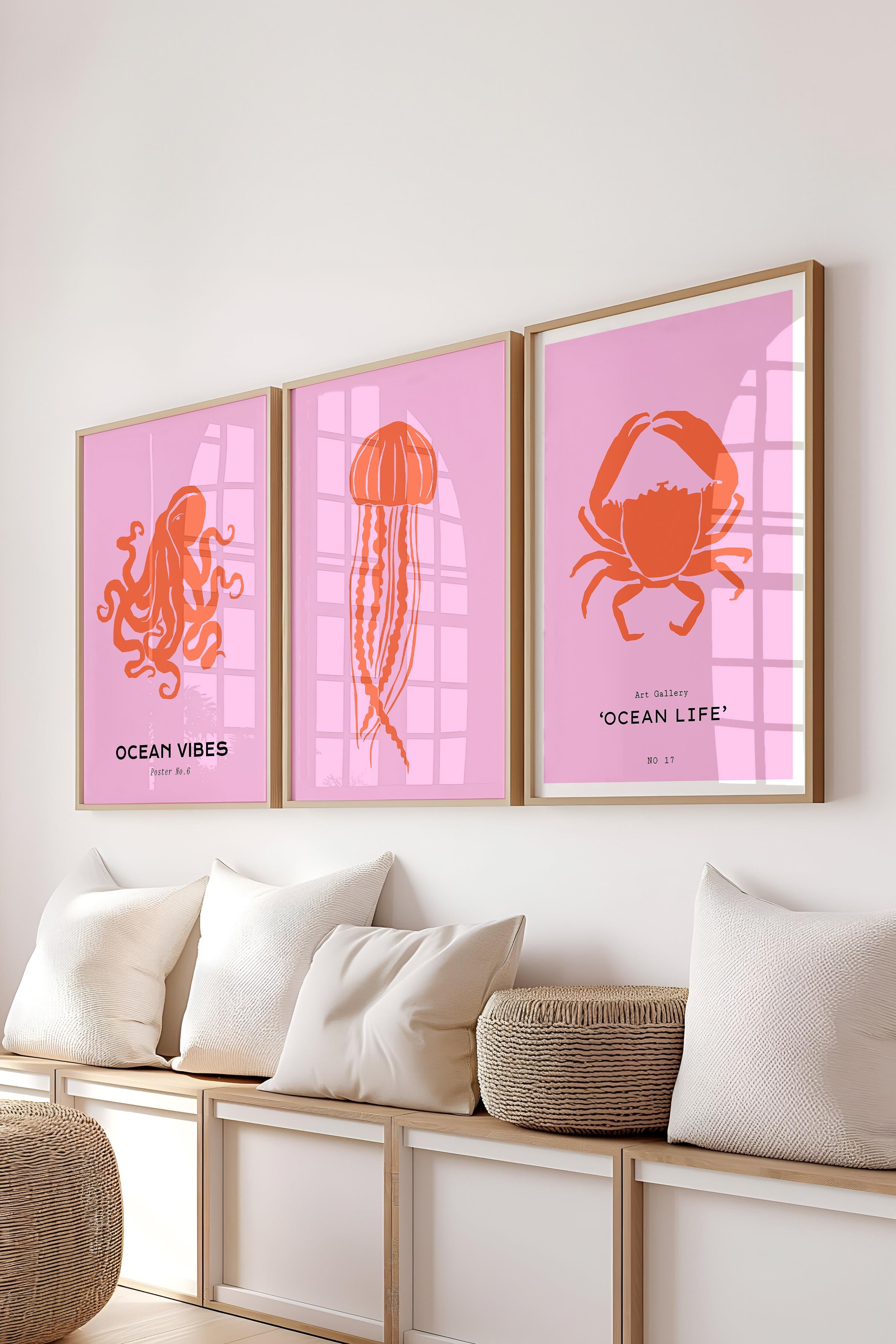 Çerçeveli Tablo Seti, 3 Adet Ahşap Çerçeve ve Minimalist Deniz Yaşamı Temalı Poster Seti, No:300517